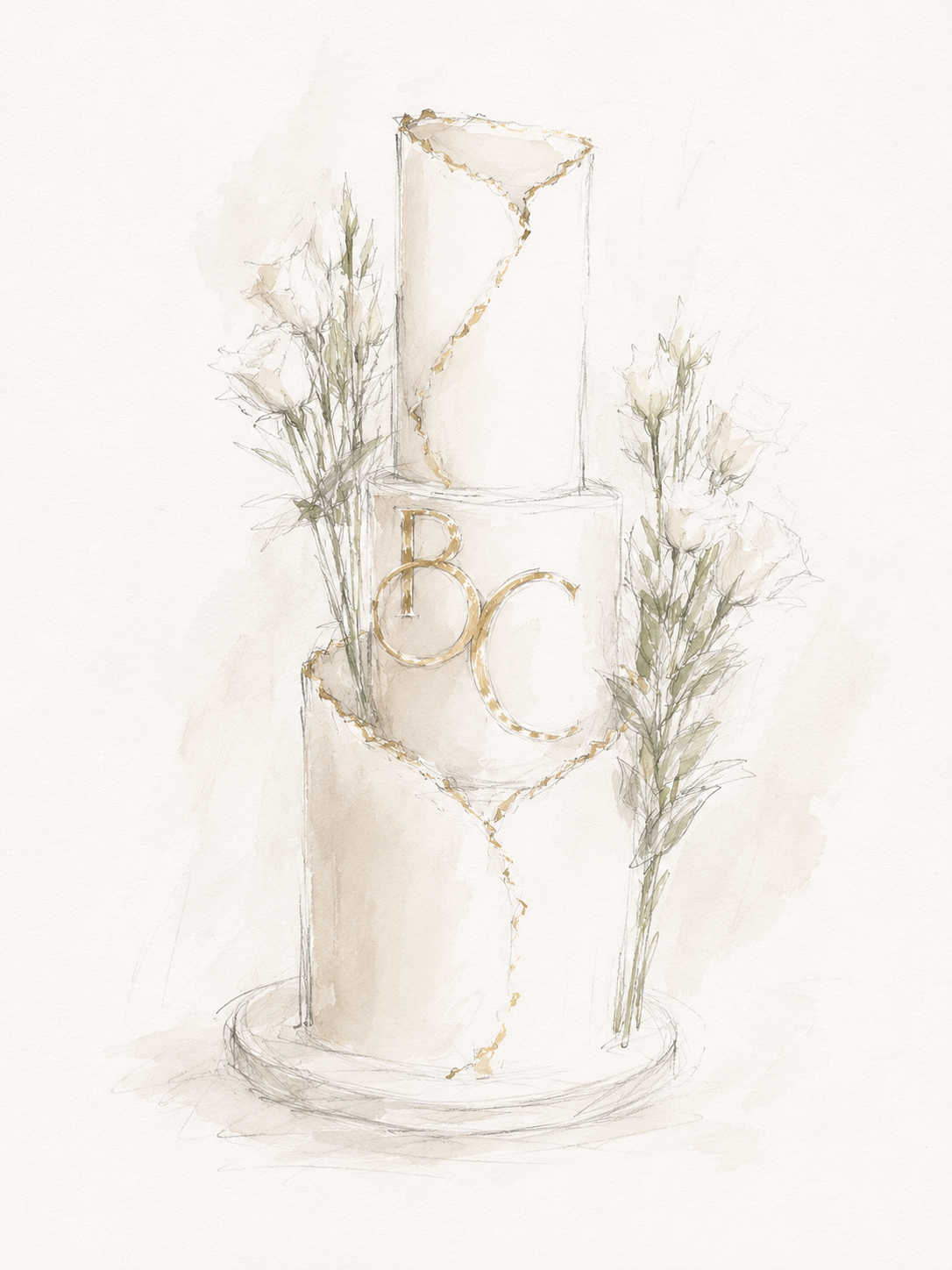 A minimalist, artistic sketch of a two-tiered white cake with gold accents, decorated with white flowers on either side.