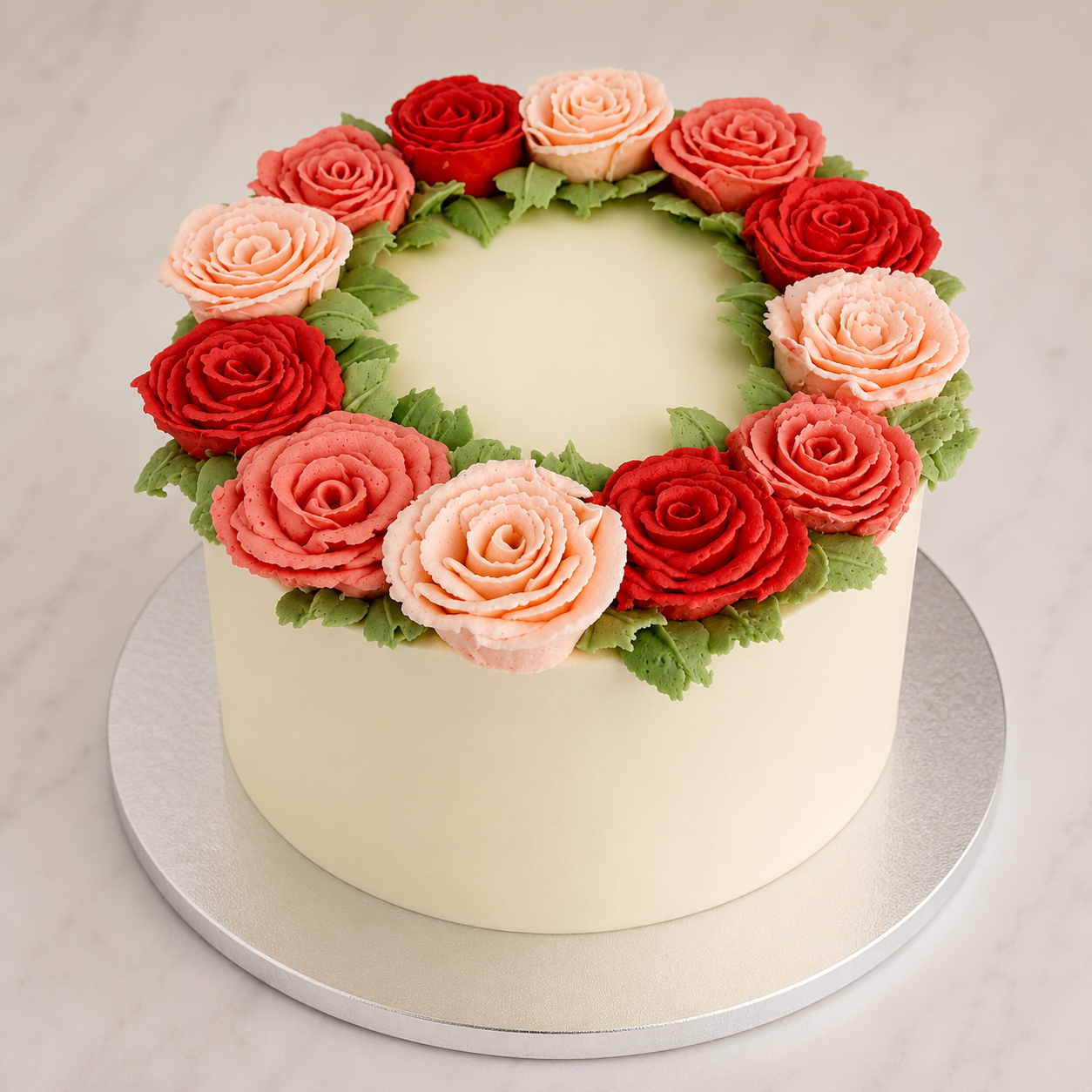 Round cake decorated with pink and red buttercream roses and green leaves on top, set on a silver cake board.