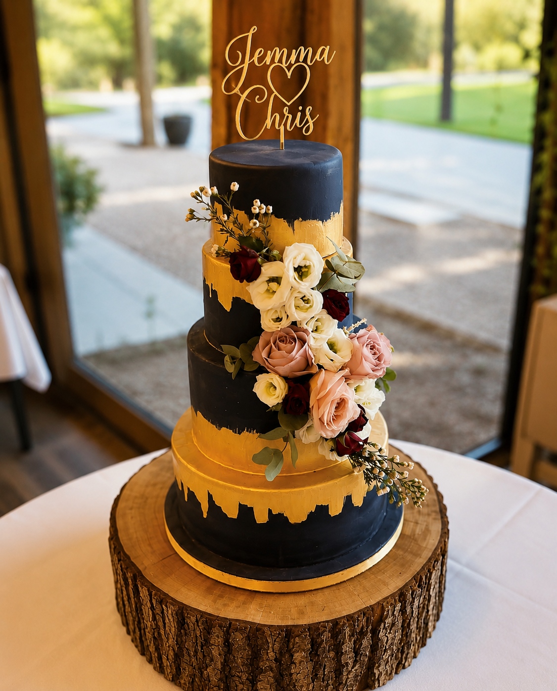 A three-tier black and gold wedding cake decorated with flowers, including roses and greenery, placed on a wooden log slice, with a gold cake topper that reads "Jemma & Chris" with a heart.