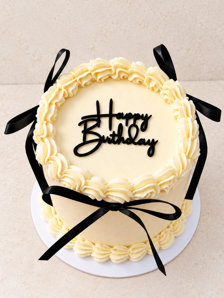 A round birthday cake decorated with cream piping and black ribbon bows, with 'Happy Birthday' written on top in black cursive font.