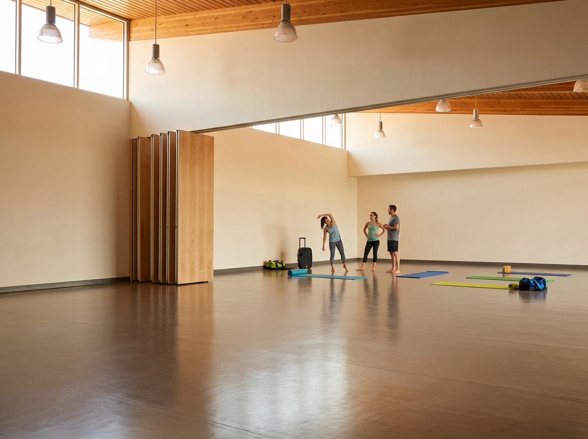 Une salle de yoga ou fitness avec trois personnes se préparant à faire de l'exercice, des tapis de yoga et du matériel d'entraînement disposés sur le sol.