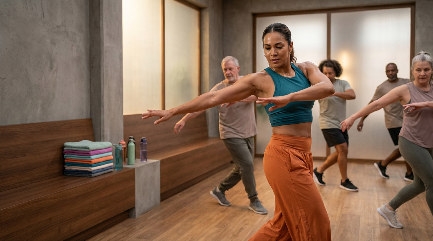 Un groupe de personnes âgées participe à un cours de danse ou de fitness dans une salle bien éclairée, dirigé par une femme en tenue sportive