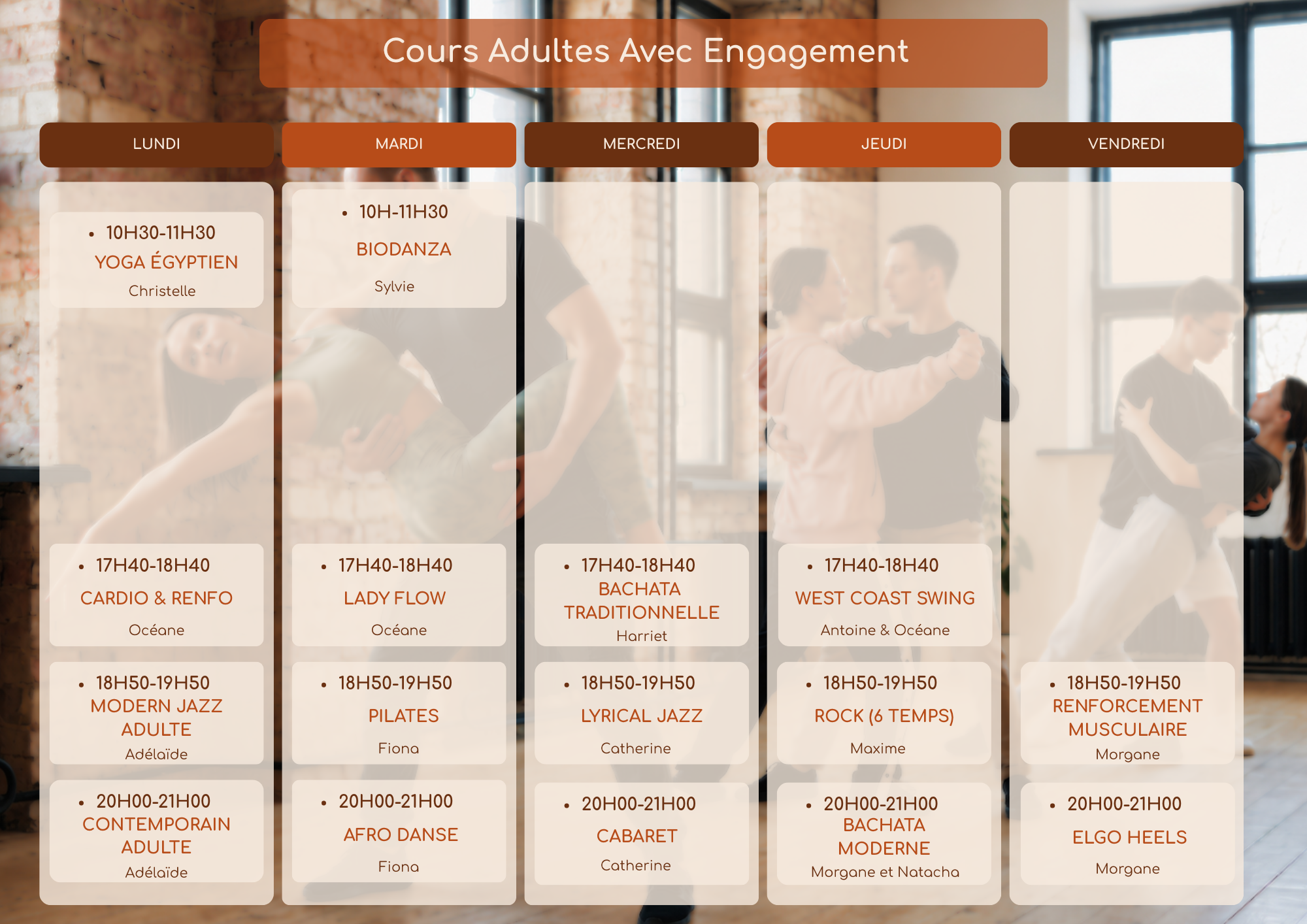 Planning hebdomadaire des cours adultes avec engagement chez Onéa studio à Pont aven
