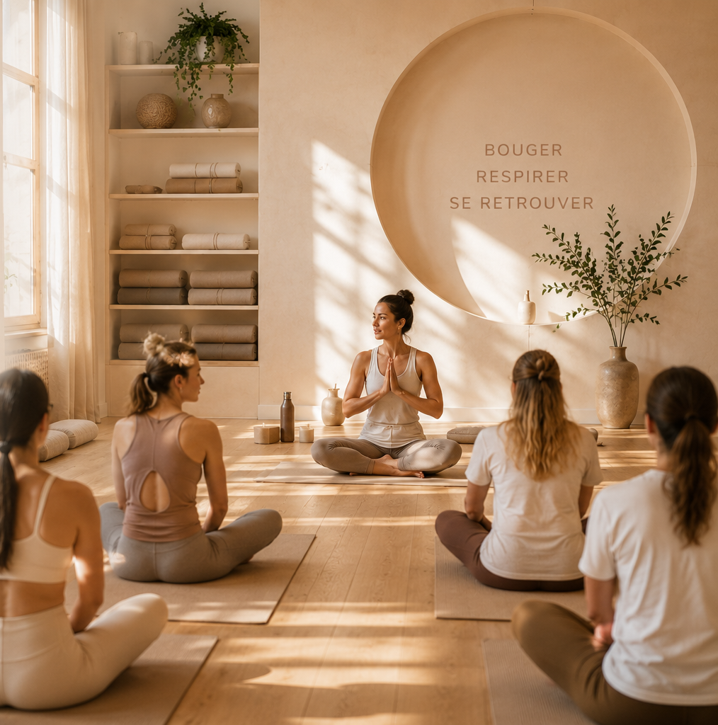 Groupe de femmes en séance de yoga dans une salle lumineuse avec décor minimaliste