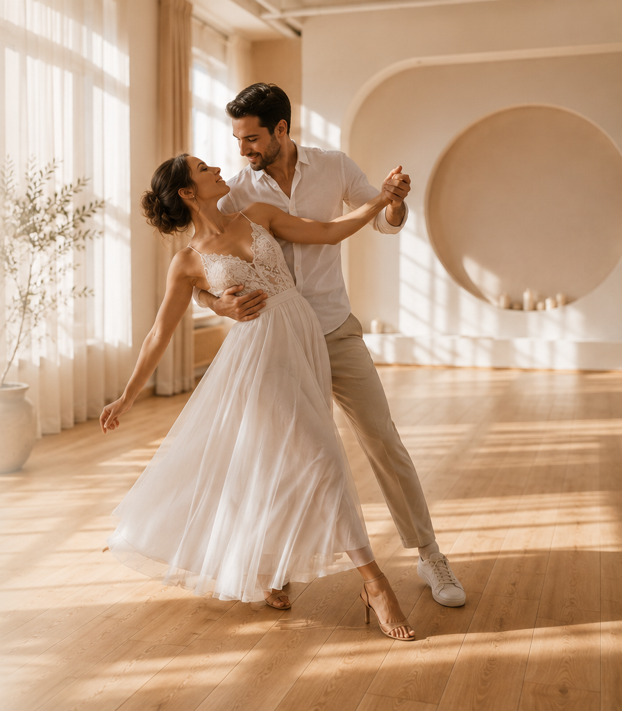 Un couple danse dans une pièce lumineuse, l'homme portant une chemise blanche et un pantalon beige, la femme en robe de mariée et talons