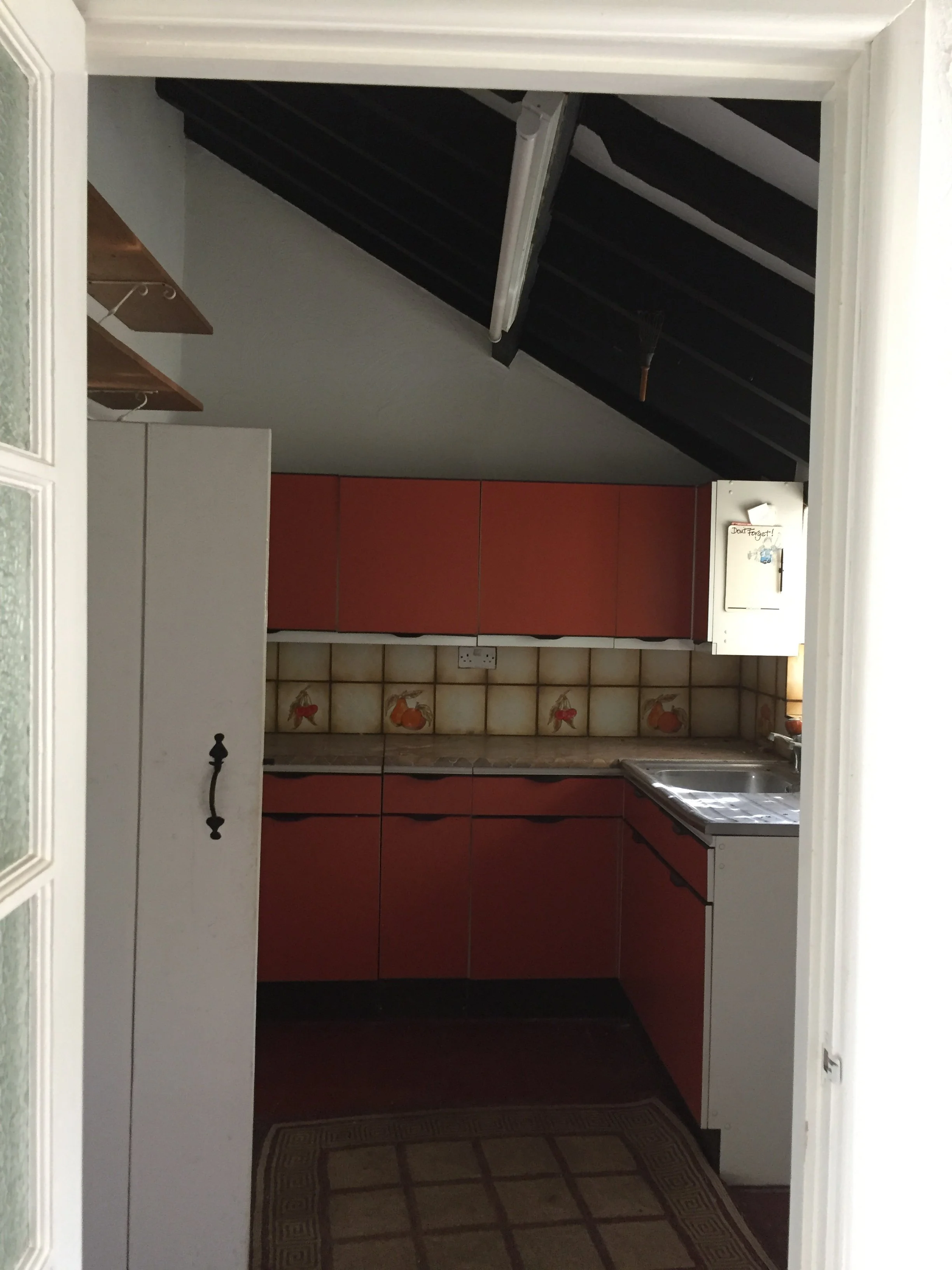 A view through a doorway into a kitchen with red cabinets, tiled backsplash with vegetable images, and a stainless steel sink, with a partial view of the street outside.