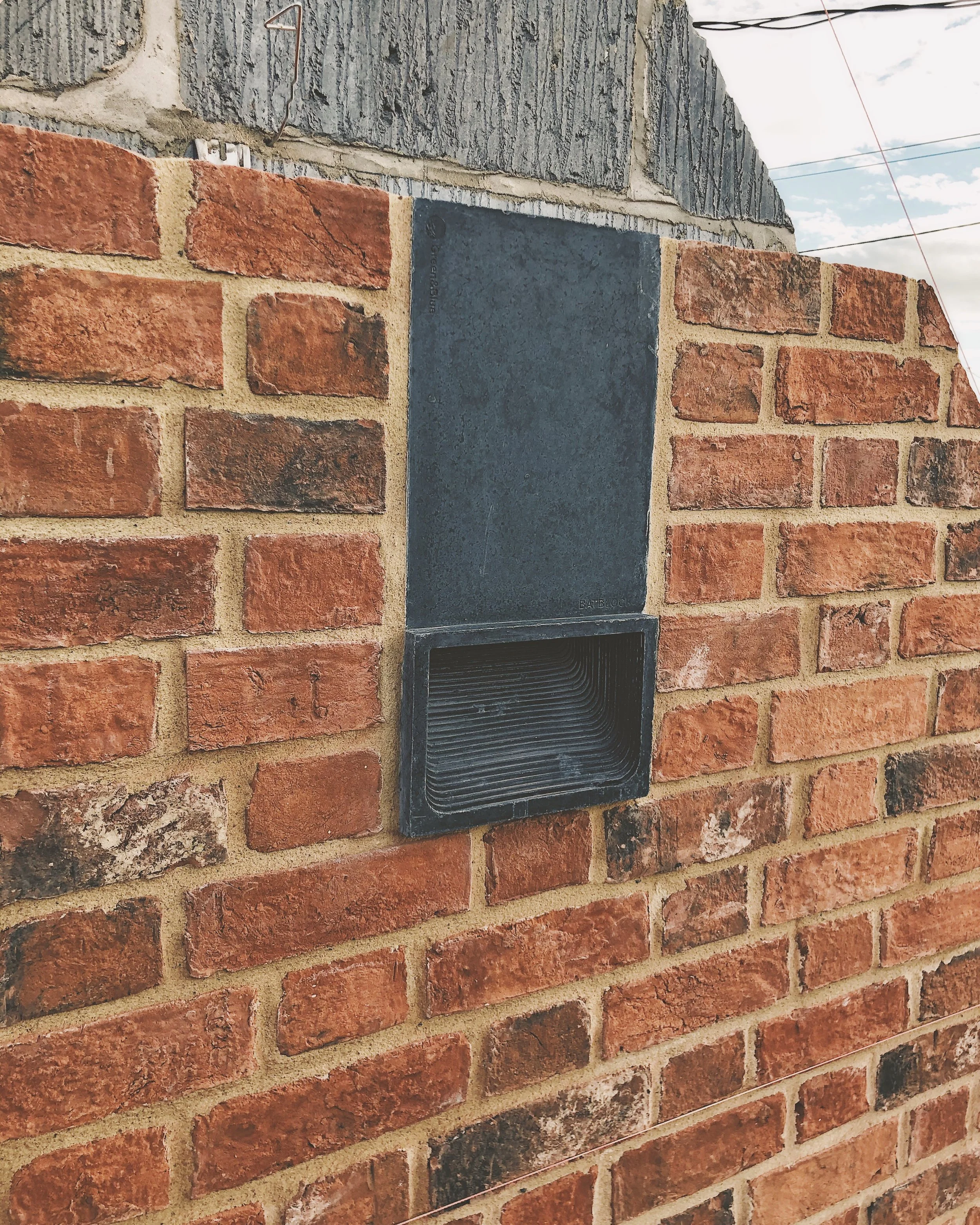 Close-up of a brick wall with some bricks in shades of red and dark gray, and a black vent with a grill in front of the bricks. The photo is taken outdoors on a partially cloudy day, with wires and sky visible in the background.