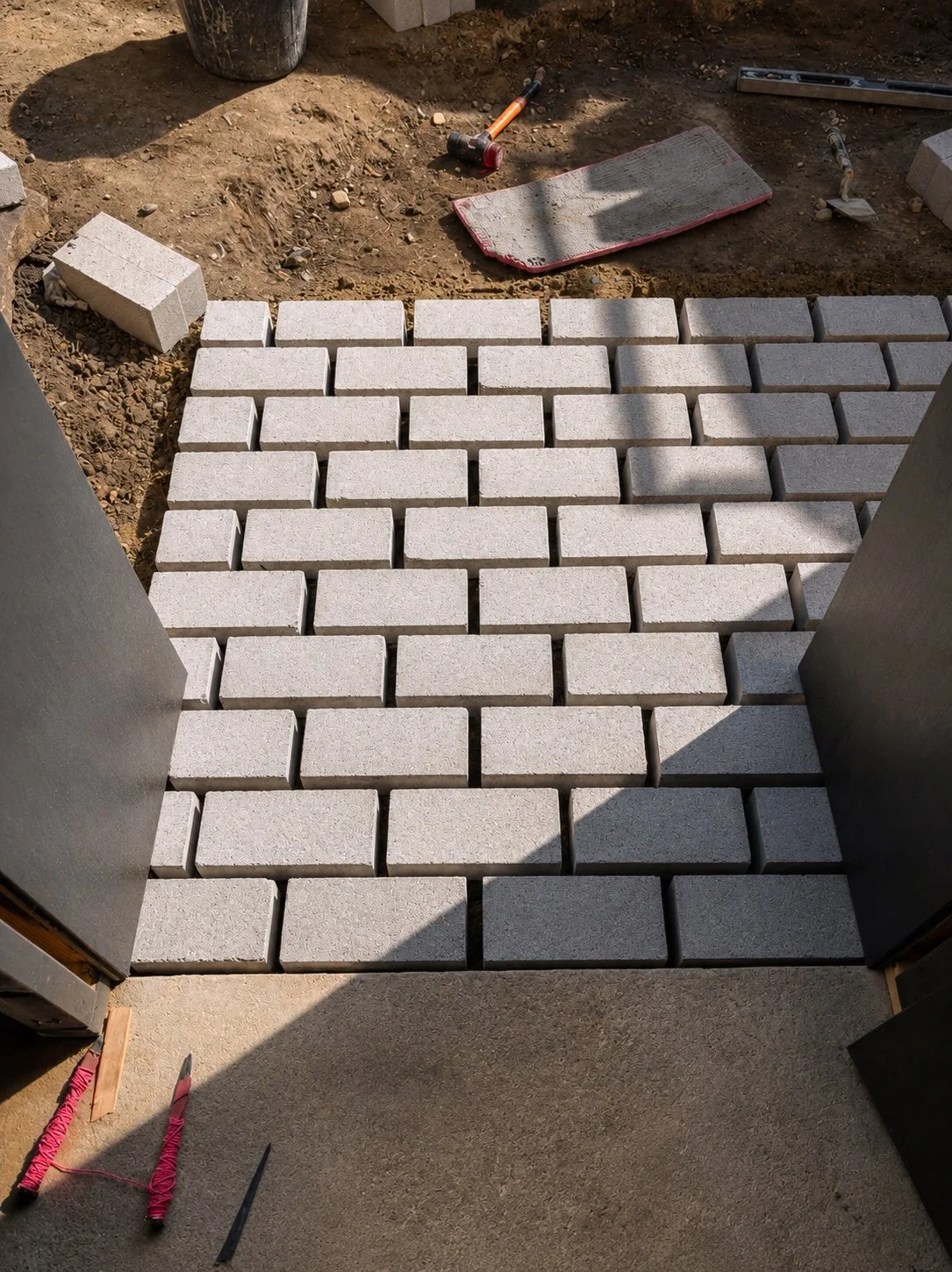 Installation of a brick paver walkway with light gray rectangular bricks, surrounded by construction tools and supplies on a dirt surface.