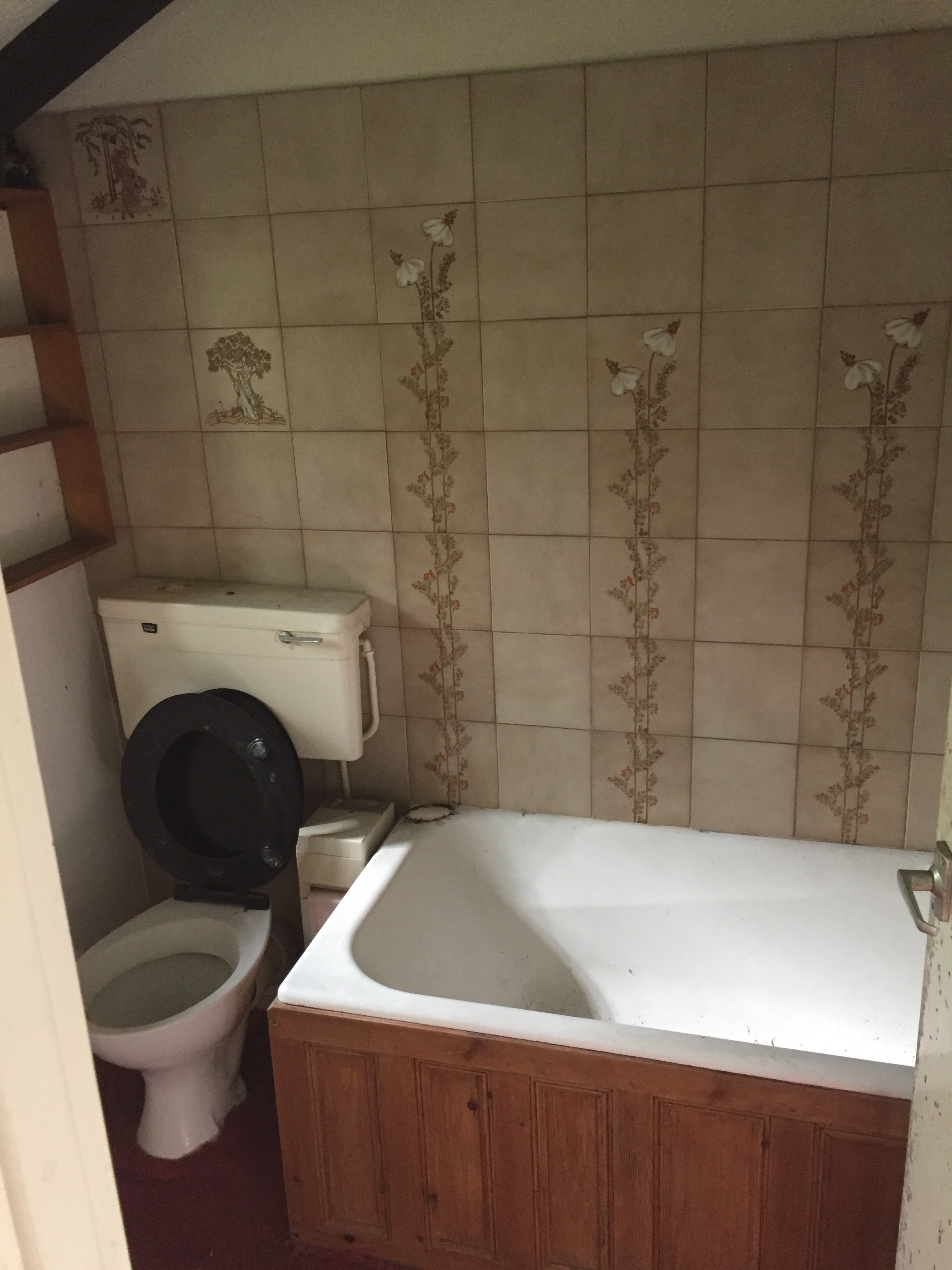 Bathroom with tiled wall featuring floral and tree pattern. White toilet with black lid, small white appliance next to it, and wooden cabinet below a white sink.