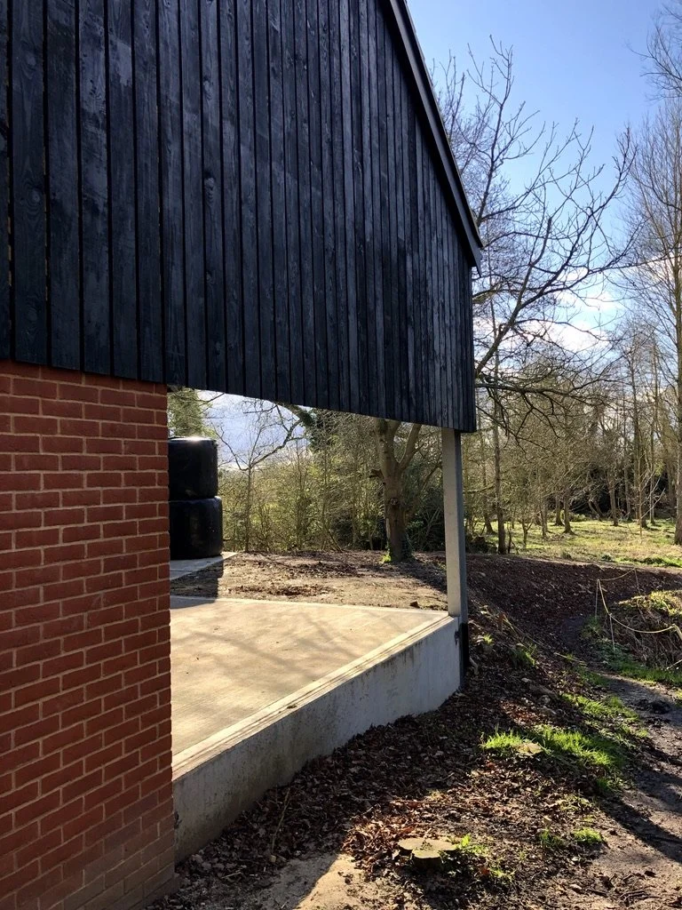 Side of a building with black wooden siding, part of a brick wall, and a small concrete porch, with trees and a dirt path in the background under a blue sky.