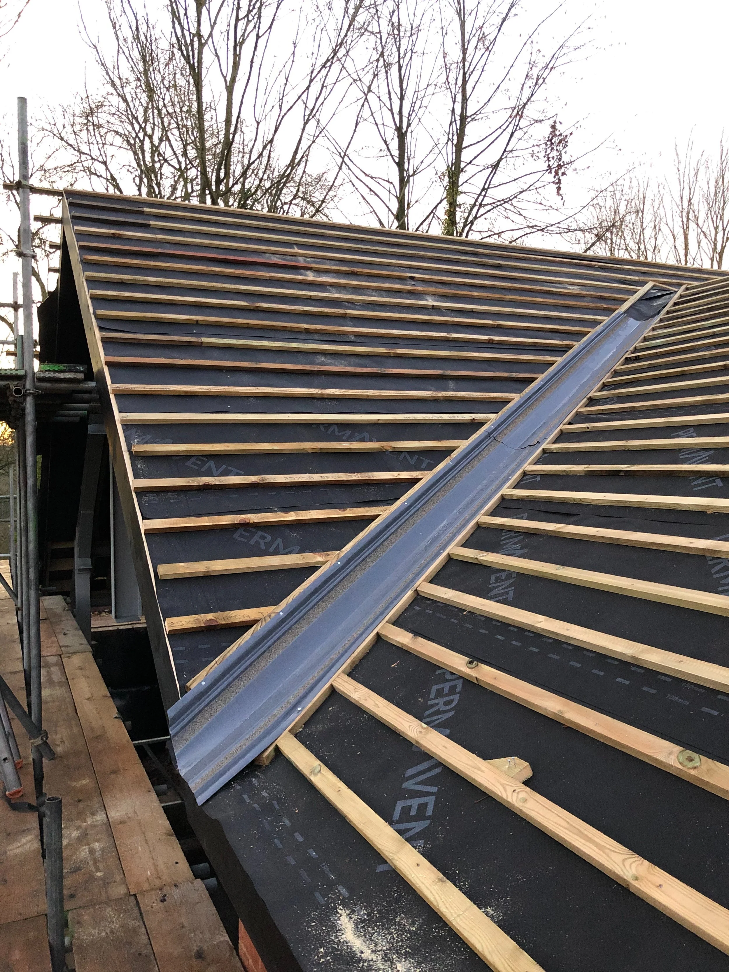 Building roof under construction with wooden rafters and a metal flashing strip, with leafless trees in the background.