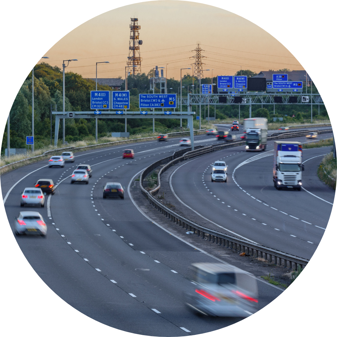 Motorway scene showing distance options by taxi, busy road to London, Bristol, Swansea, Chepstow, and Filton.