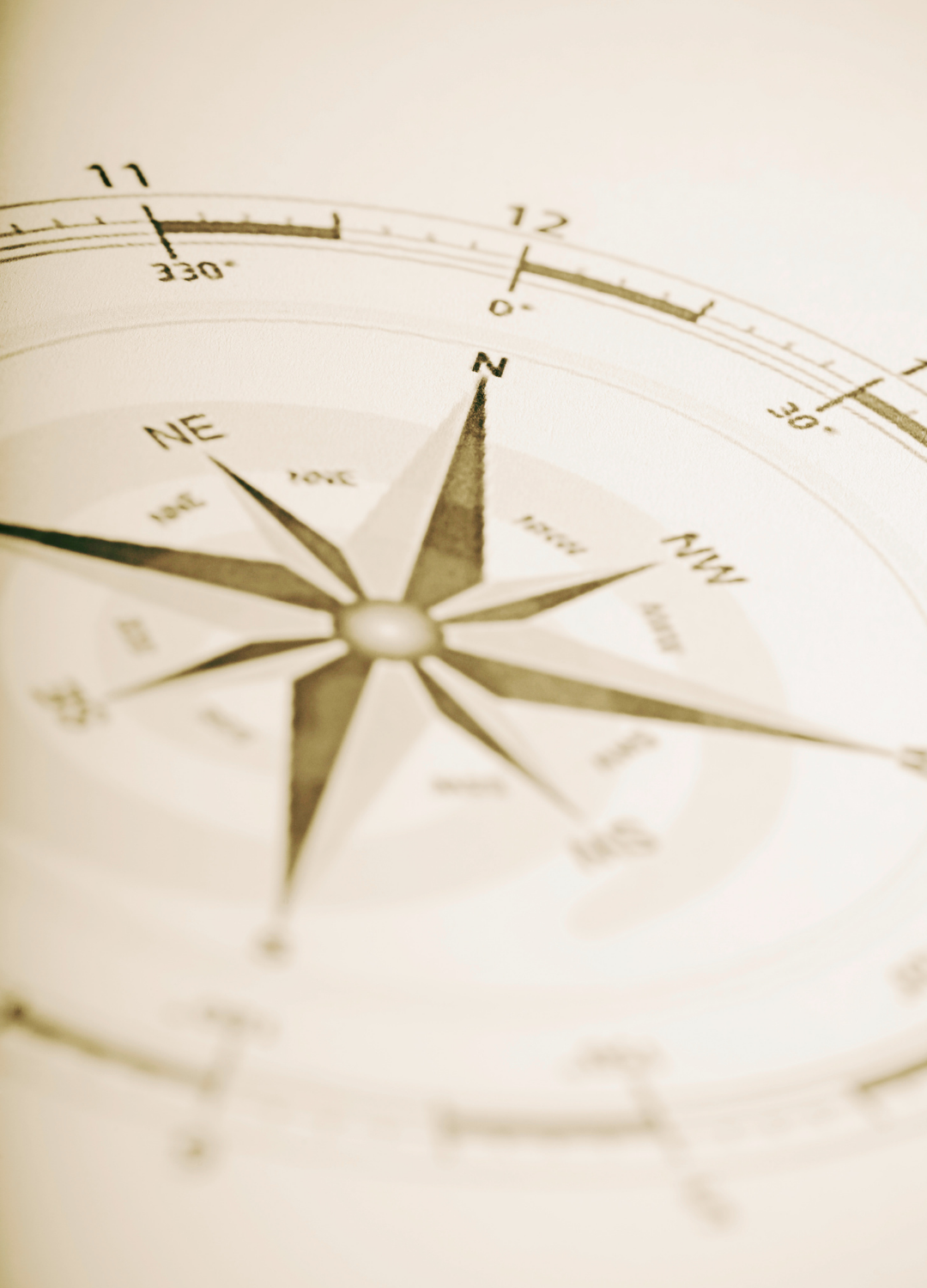 Close-up of a compass rose showing north and surrounding directions.