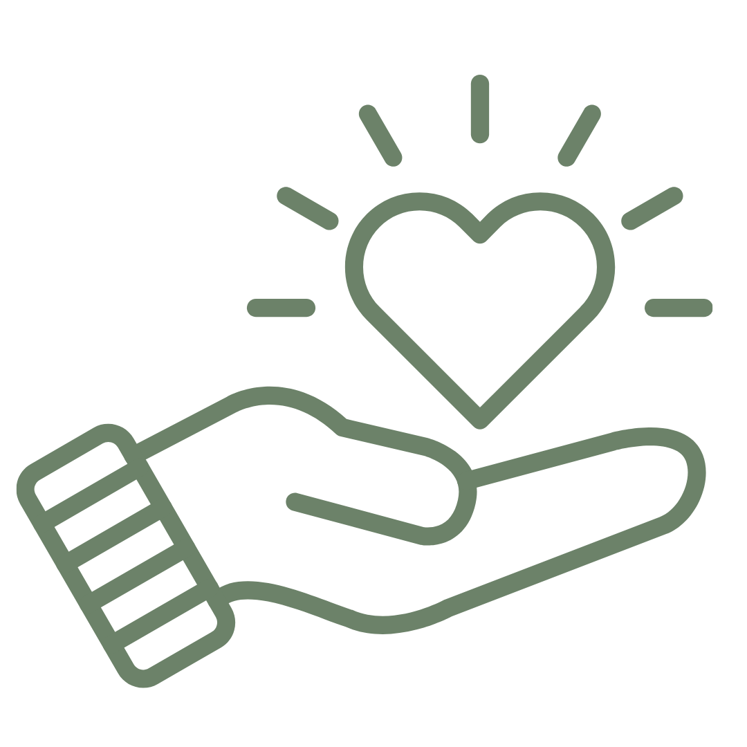 Outline graphic of a hand holding a heart with lines radiating from it.