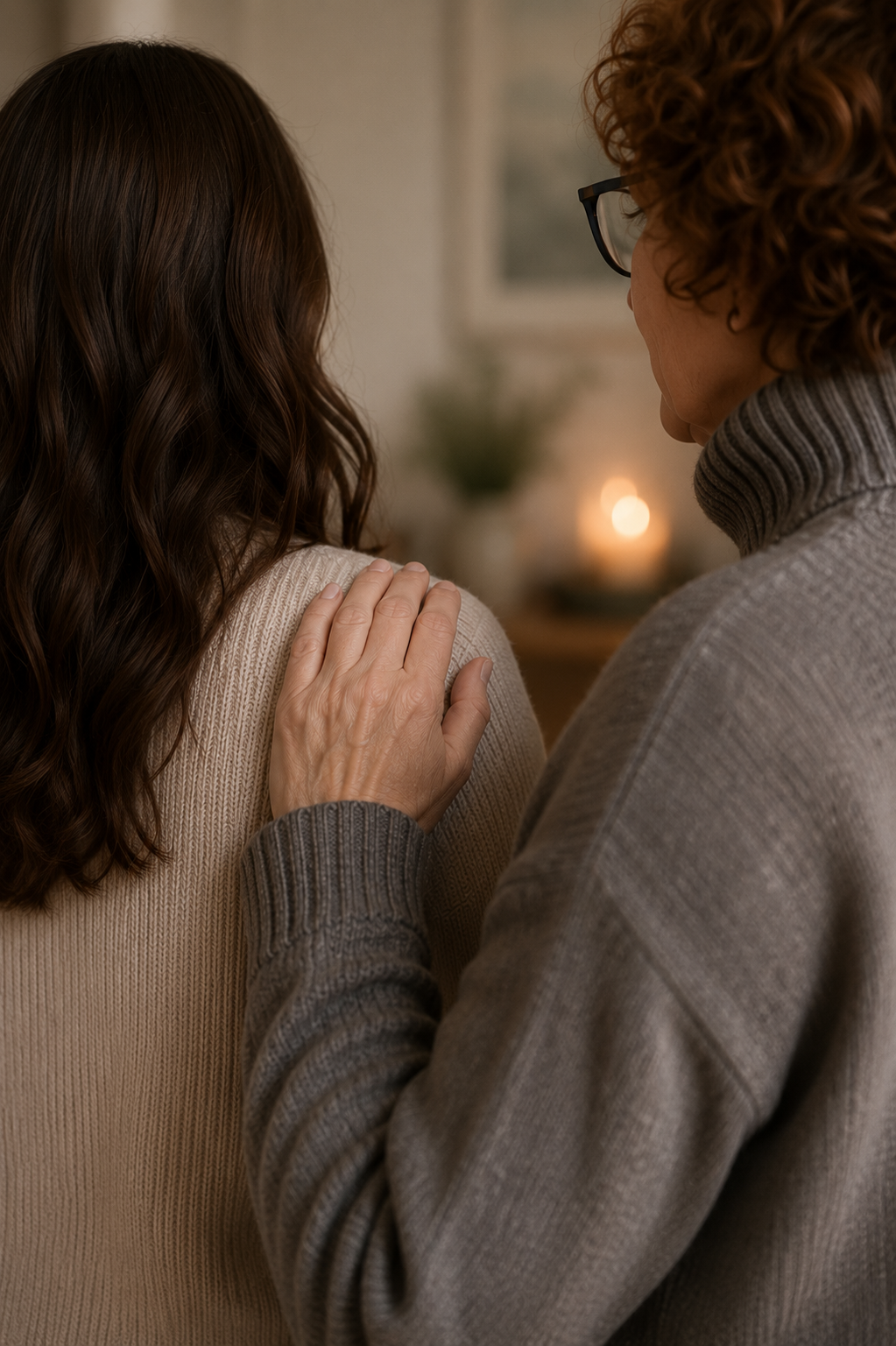 A woman with curly hair and glasses gently touching the shoulder of another woman with wavy brown hair, in a cozy indoor setting with soft lighting and a blurred candle in the background.