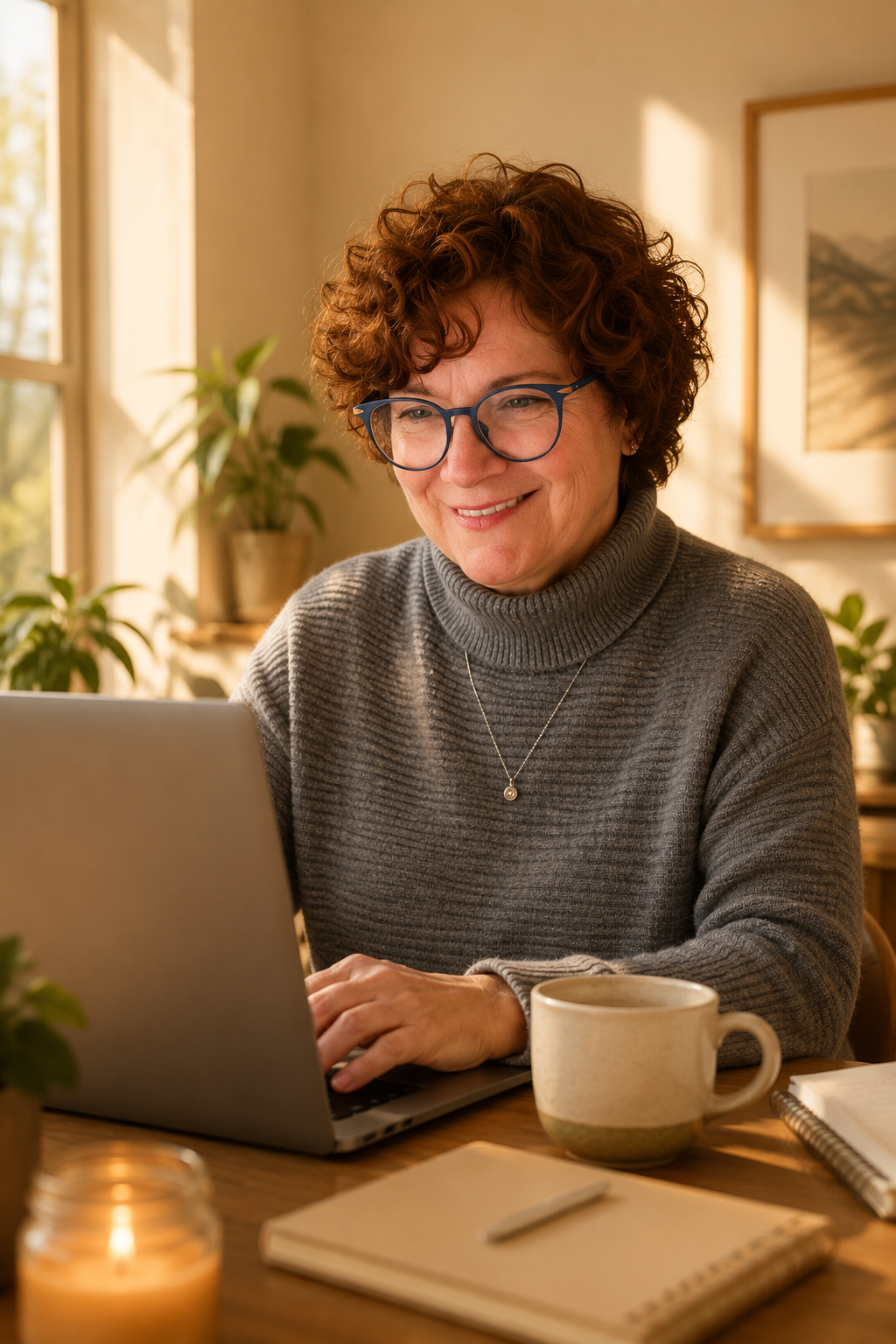 A woman with curly red hair and glasses working on a laptop at a desk, smiling, in a sunlit room with potted plants and a framed picture on the wall.