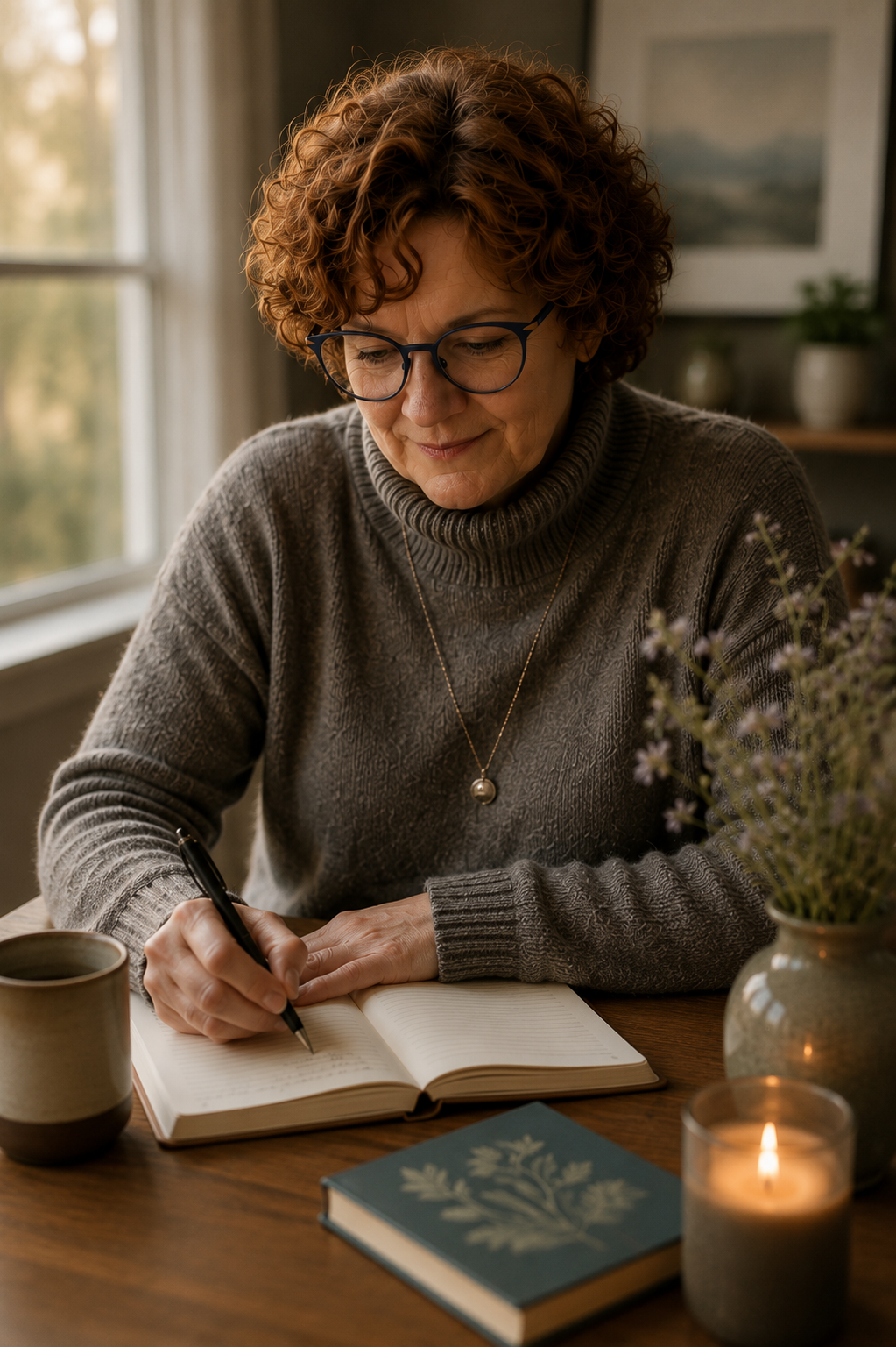 A woman with curly red hair and glasses writing in a notebook at a wooden table, surrounded by potted plants, a candle, a cup, and a closed journal, with a window in the background.