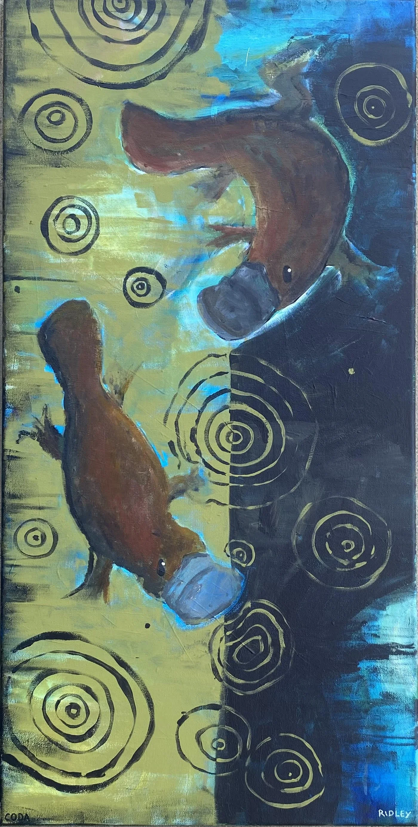 Painting of two platypus swimming