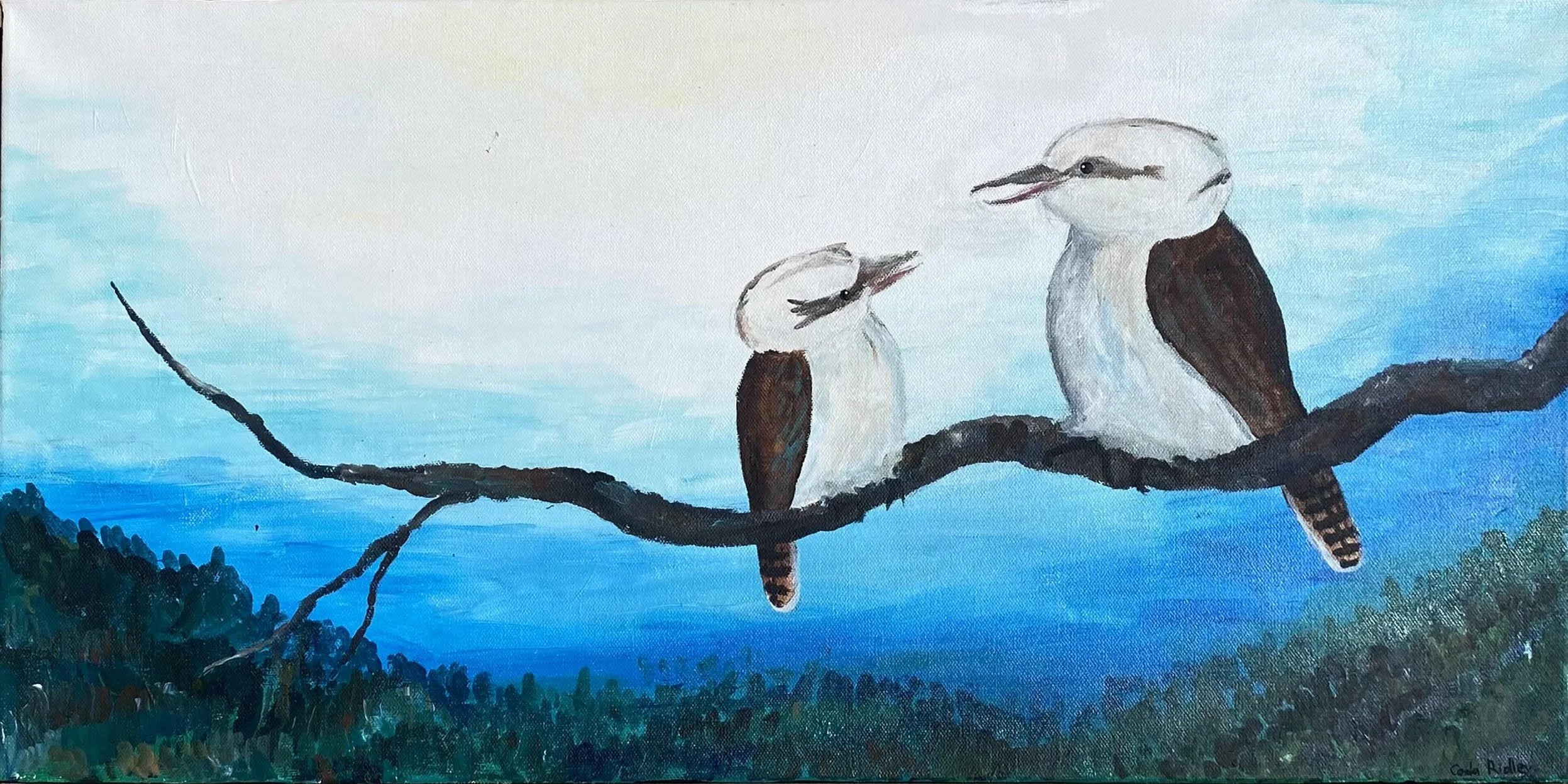 Painting of two kookaburras, a mum and baby, sitting on a tree branch against a blue sky background in the Blue Mountains.