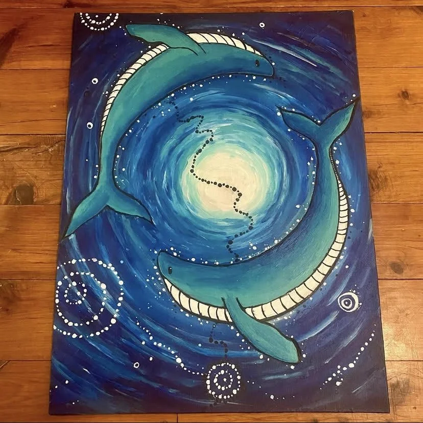 Painting of two whales swimming in a swirling blue ocean.