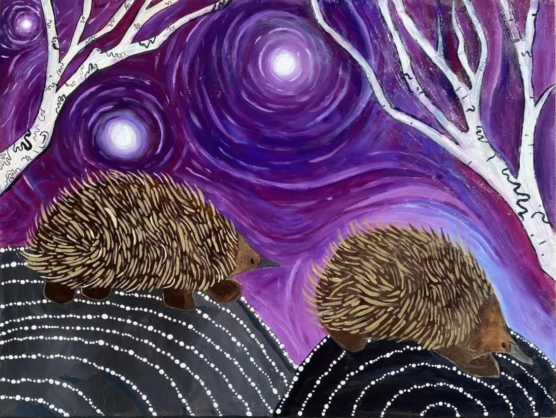 Two Echidnas walking with a swirling purple night sky and ghost gum trees.