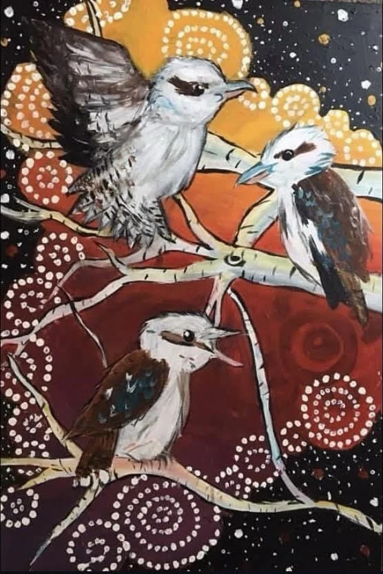 "The Jokers" artwork of three kookaburras at sunset by Coda Ridley