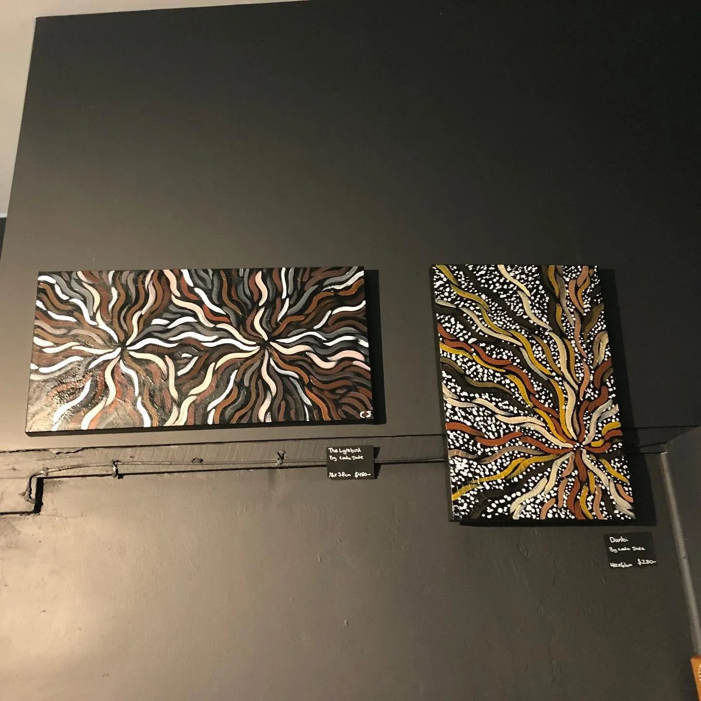 Two paintings by Coda Ridley on gallery wall at Bilingarra.