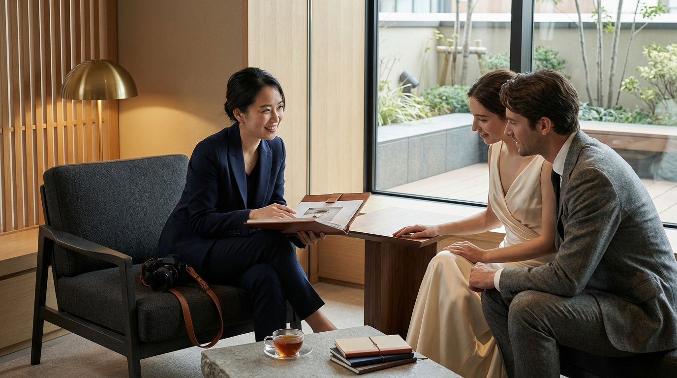 A wedding interview or consultation taking place in a modern, well-lit room with large window, a Asian woman in a navy suit showing photo album to a bride in white dress and a groom in gray suit.