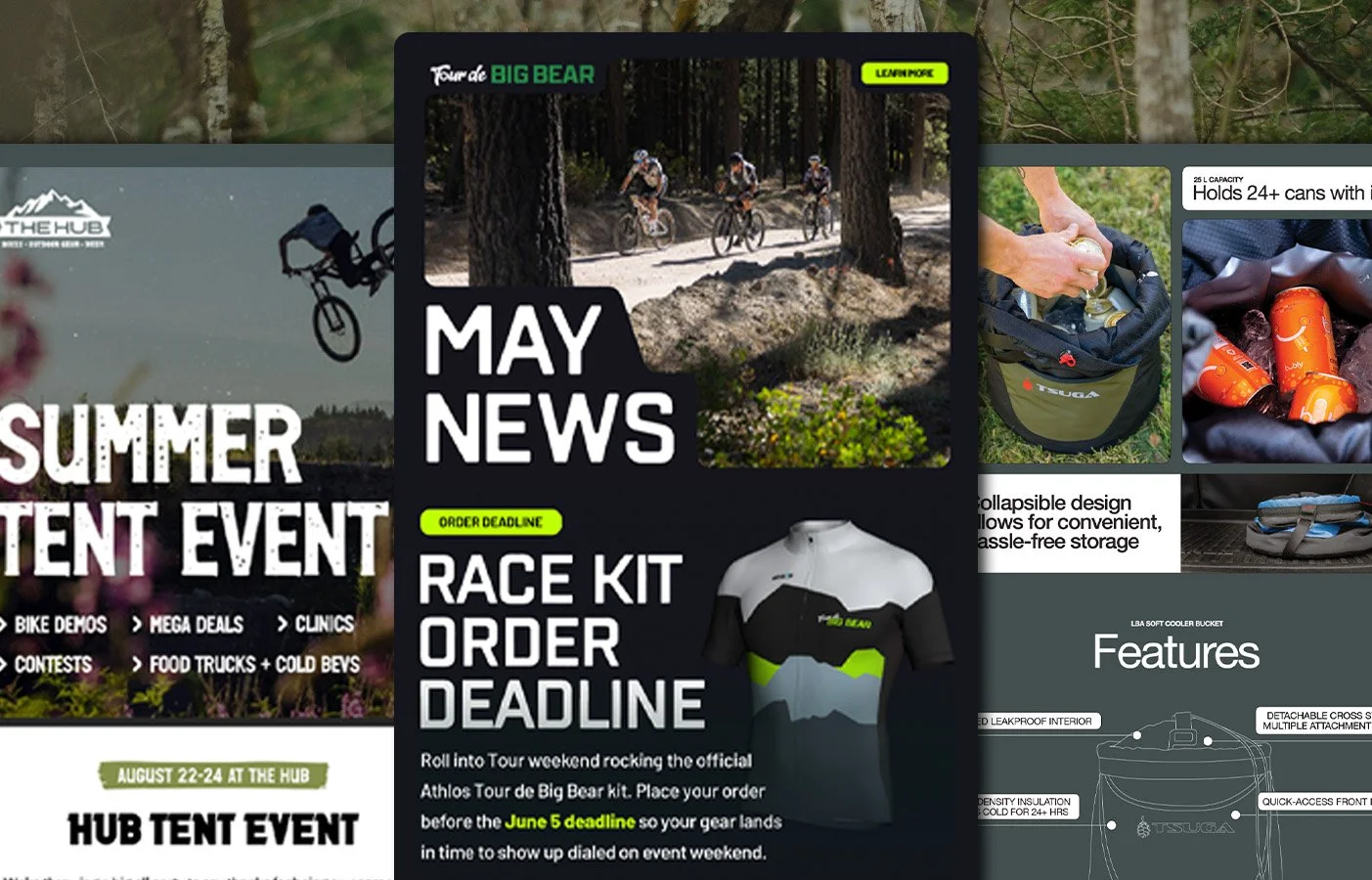 A collage of outdoor adventure and cycling event flyers, featuring mountain biking, a group of cyclists in a forest, and promotion for various outdoor gear and events.