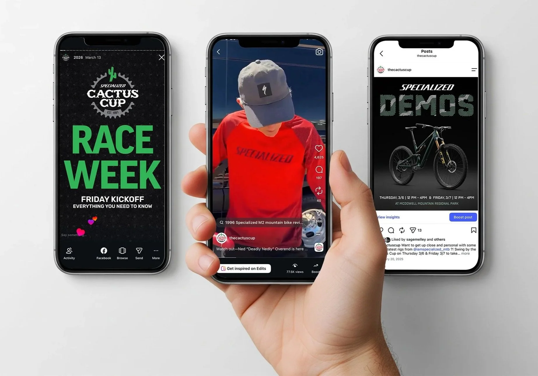 Three smartphone screens displaying social media posts. The left screen promotes a Cactus Cup race week event, the middle shows a person in a red Specialized shirt and gray cap, and the right displays a bike and event details for a Specialized Demos event.