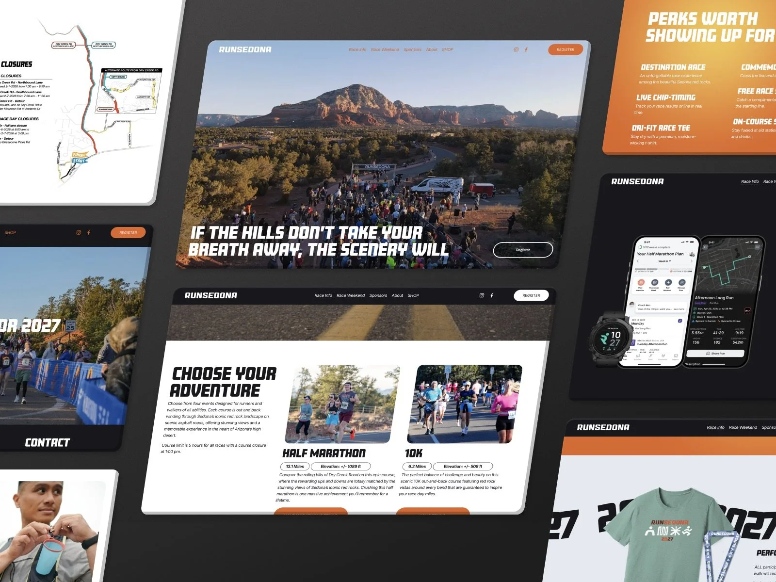 Web pages for a running event called Run Sedona, showing images of runners, route maps, event details, and promotional merchandise in a collage layout.