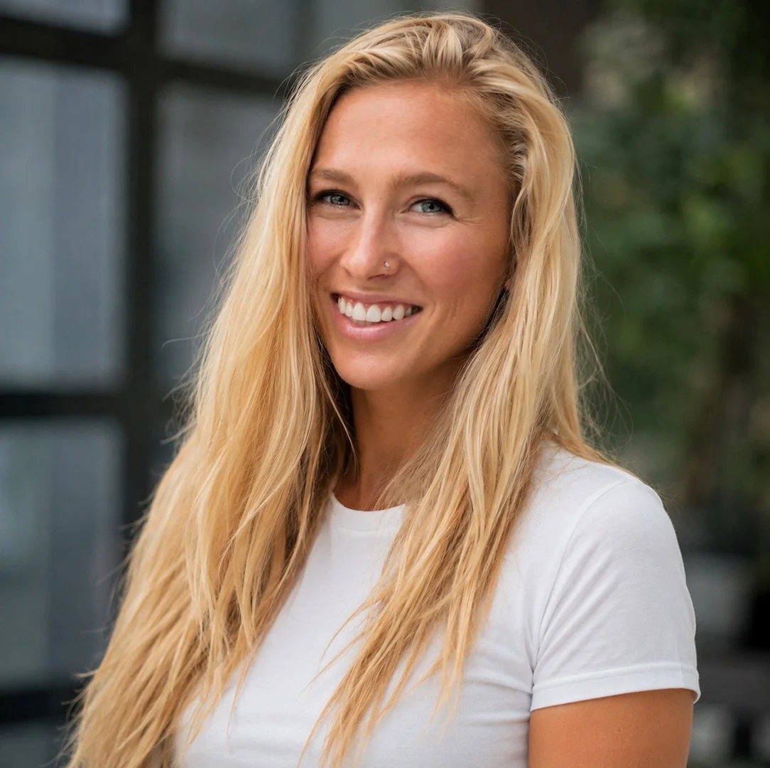 A young woman with long blonde hair and a nose piercing, smiling while wearing a white t-shirt.