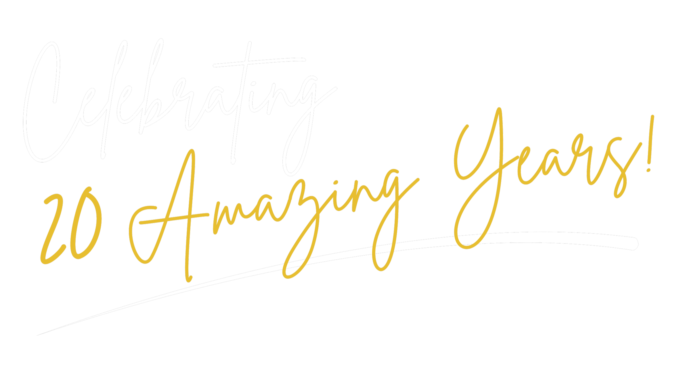Text that reads 'Celebrating' in white cursive, and '90 Amazing Years!' in gold cursive on a black background.