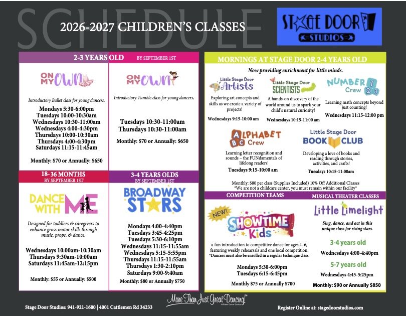 Children's dance and activity class schedule for 2026-2027 at Stage Door Studios, listing age groups, class times, descriptions, and fees.