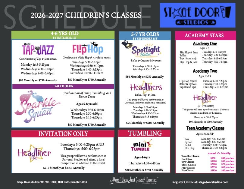 Schedule of children's dance classes for 2026-2027, including mini tap and jazz, flashlight ballet, sparkle squad, headliners, tumbling, academy stars, and teen academy classes with pricing and age groups.
