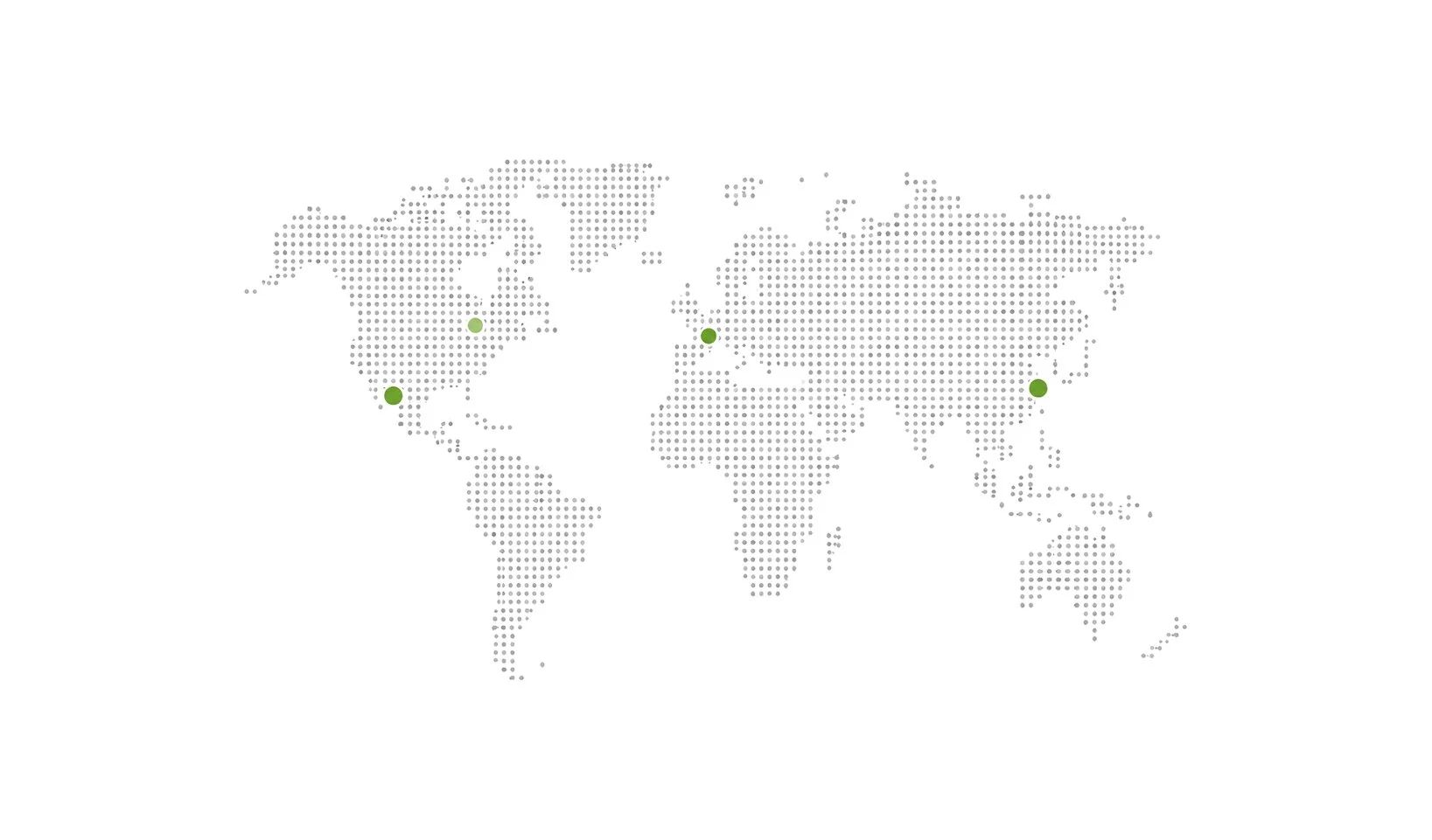 World map with four green dots marking locations in the United States, Europe, Asia, and South America.