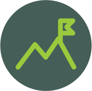 A green line graph with a rising trend and a small flag at the peak against a dark green circular background.