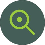 Magnifying glass icon with a green outline on a dark circular background.