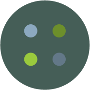 A dark circular surface with four small, colorful dots (light blue, green, teal, and lime green) arranged in a pattern.