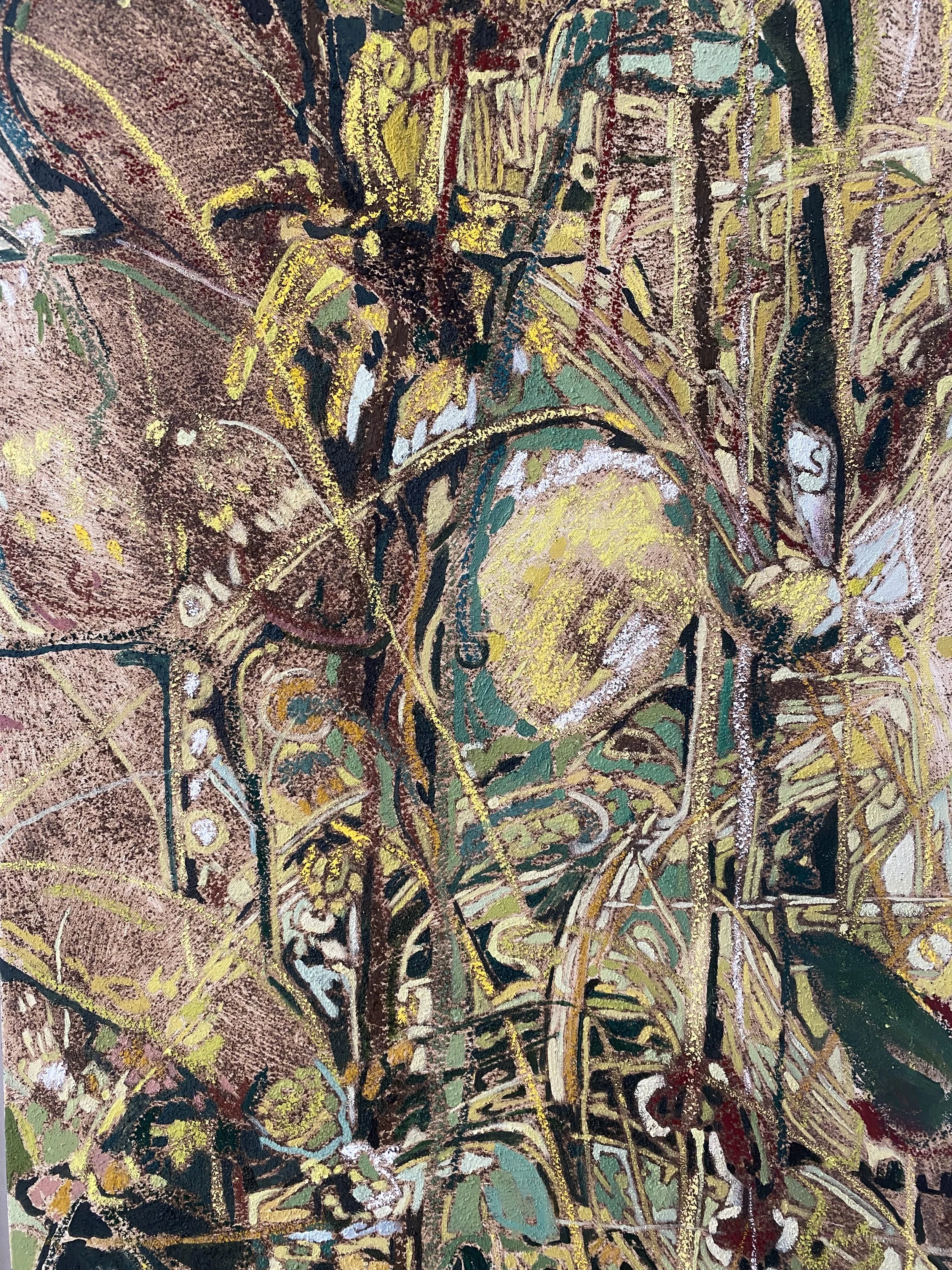 An abstract artwork featuring a complex overlay of lines, shapes, and colors including yellow, green, black, white, and brown, creating a textured and layered visual composition.