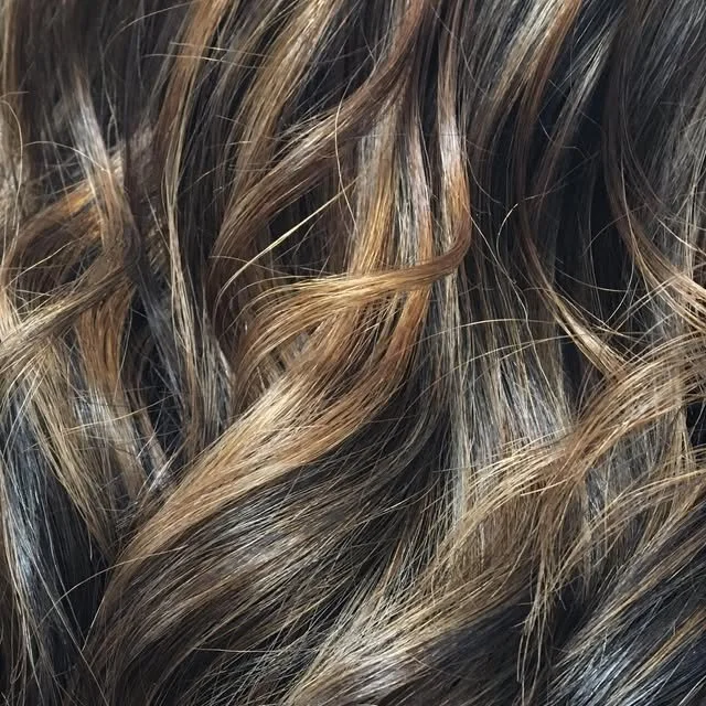 Close-up of wavy, multi-toned hair with shades of brown, blonde, and caramel highlights.