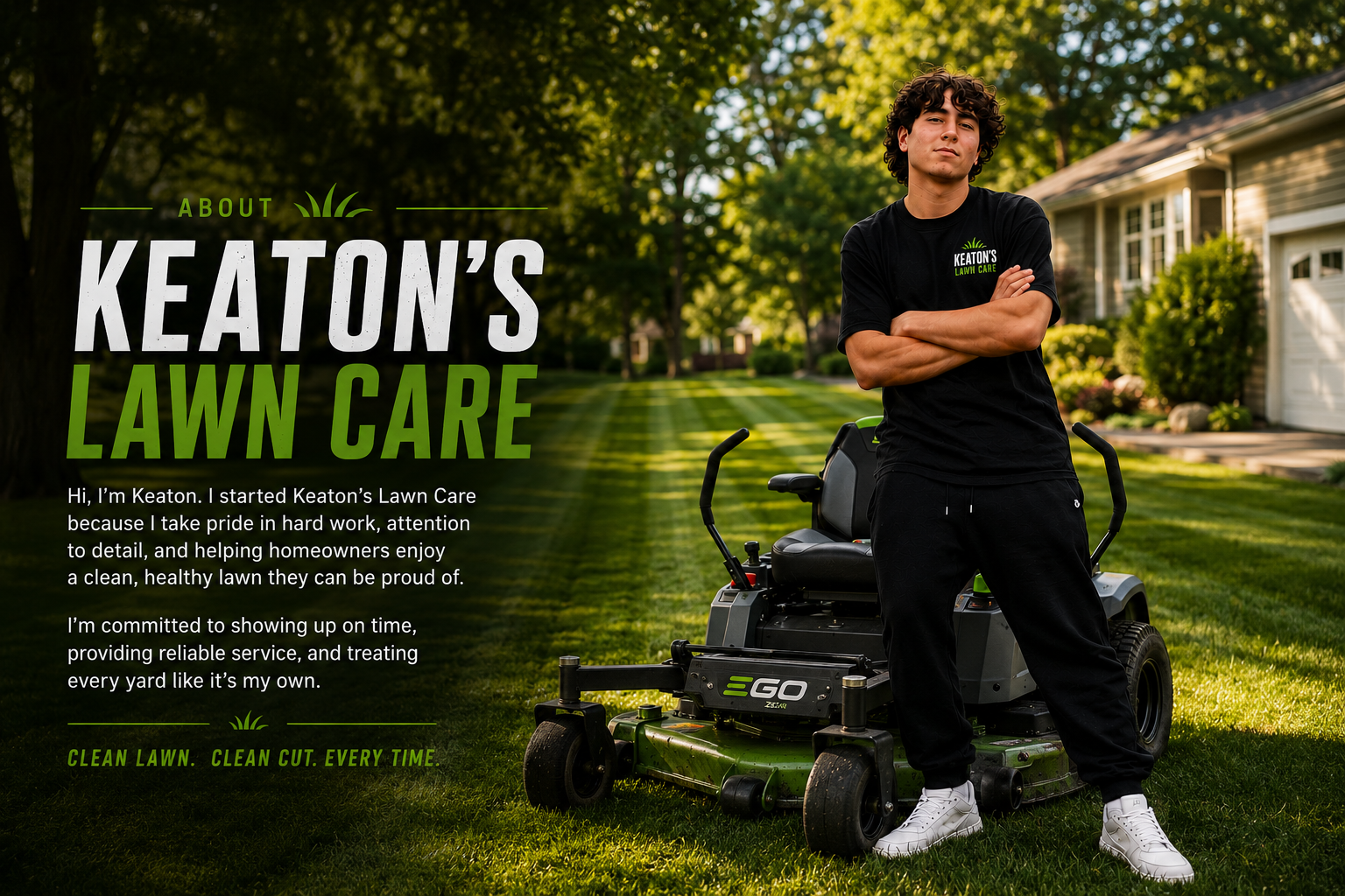 A young man in black pants and a black T-shirt with green and white company logo standing with arms crossed next to a riding lawn mower on a neatly mowed lawn in front of a house with green trees in the background.