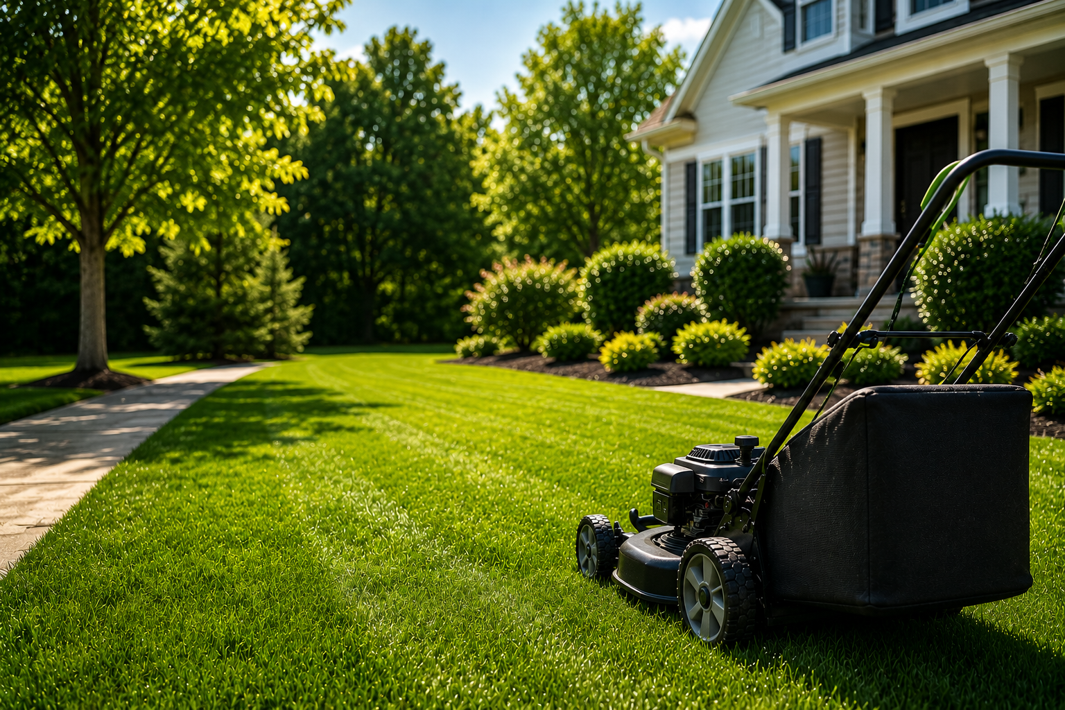 A lawn mower on green grass in front of a house with landscaping and trees.