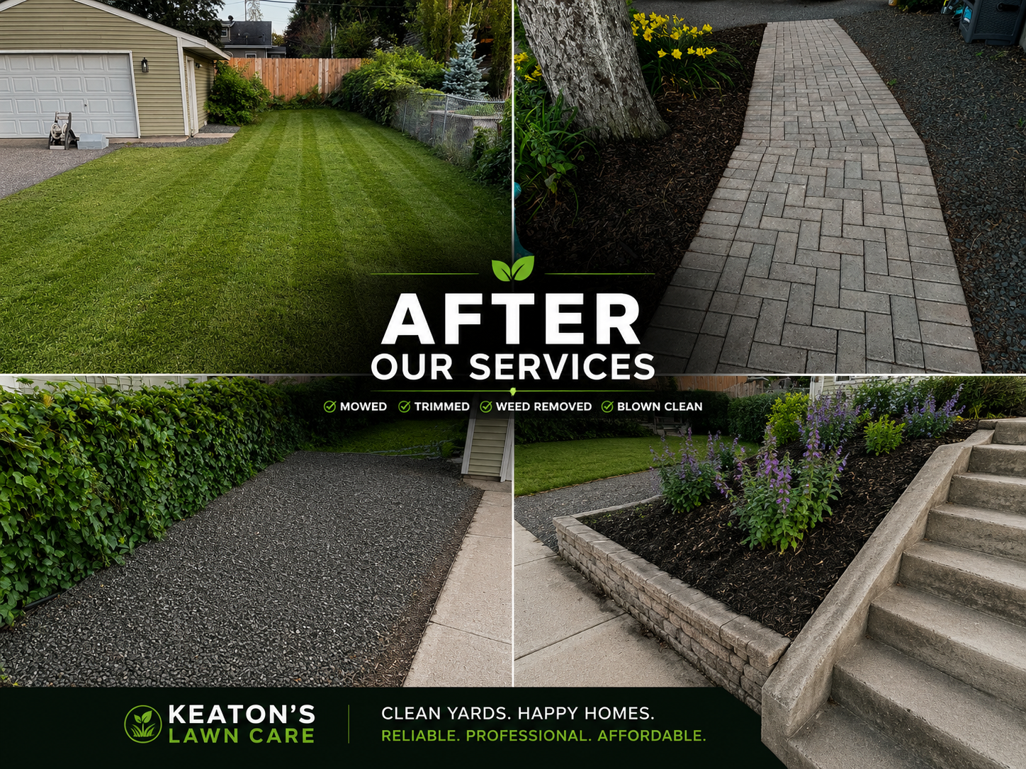 Composite image showing a lawn, a brick pathway, a gravel driveway, and a stone-bordered flower bed after lawn care services.