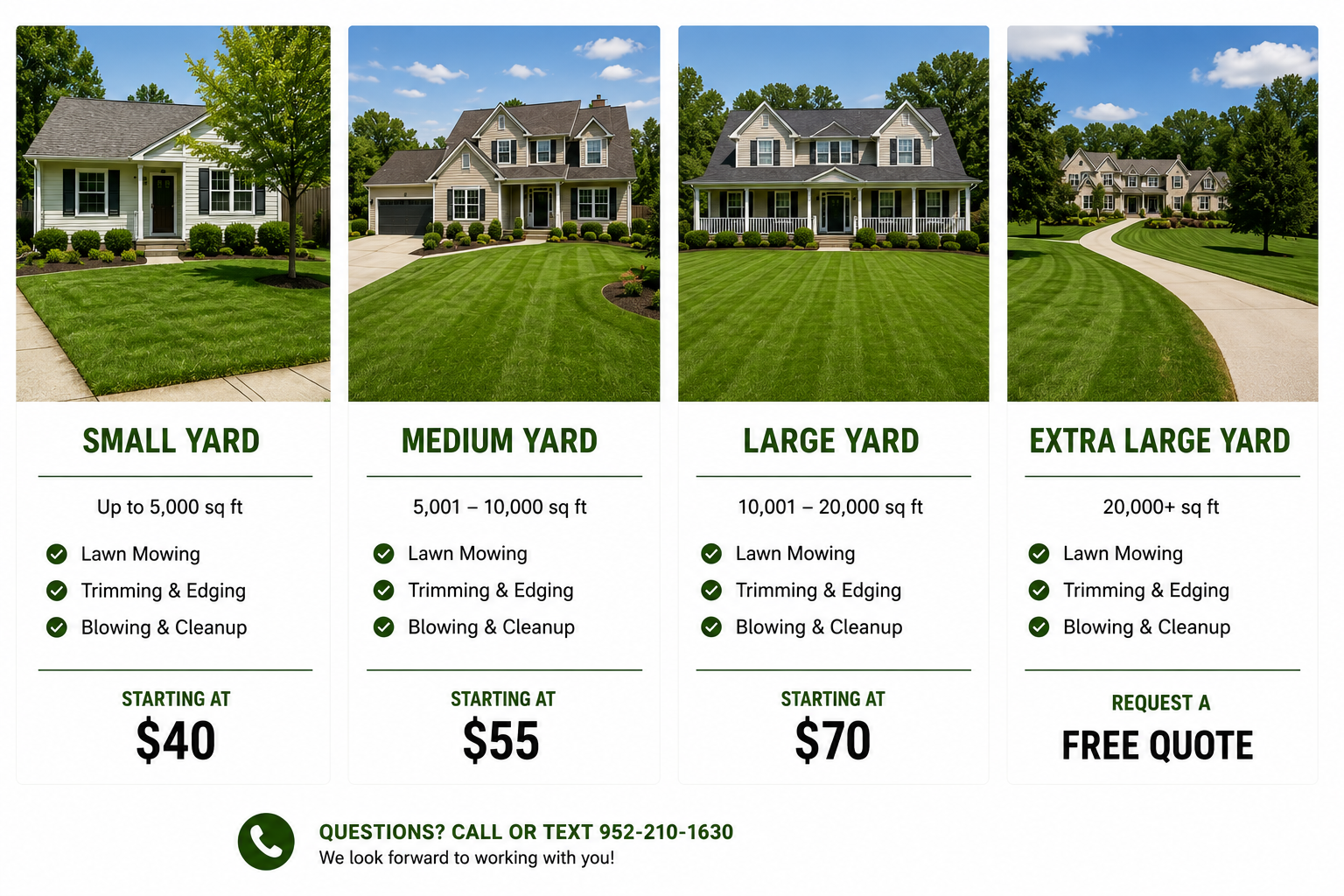 Four images of houses with different yard sizes: small yard, medium yard, large yard, and extra-large yard, each with pricing and services listed below.