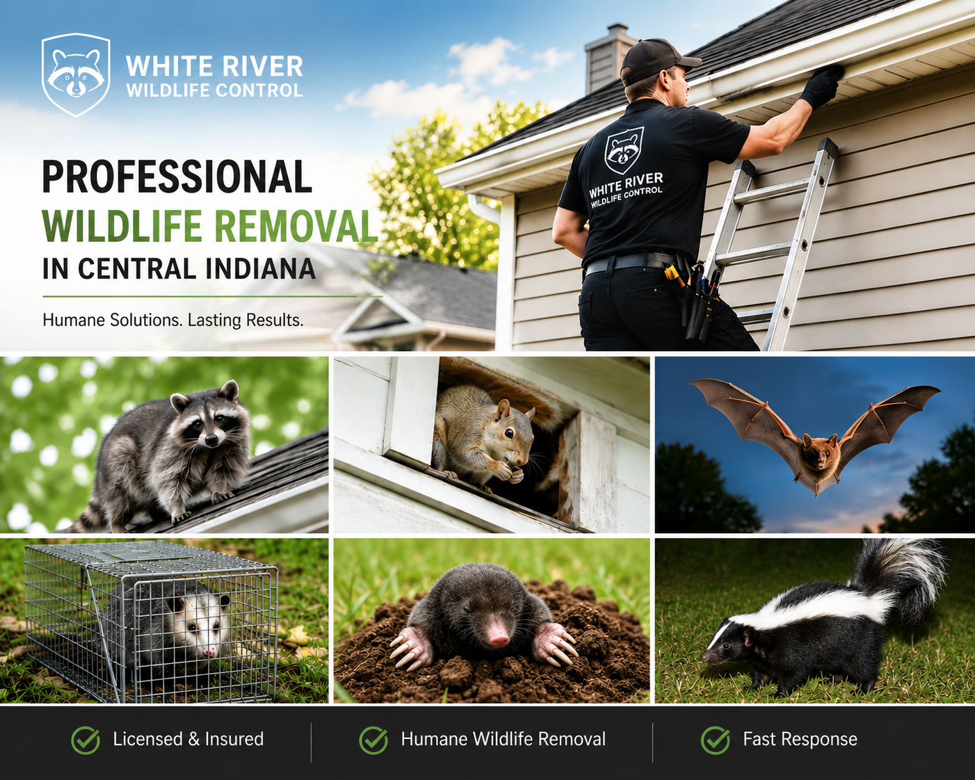 Flyer for White River Wildlife Control showing a technician on a ladder inspecting a house, with images of raccoons, squirrels, a bat, a cage trap with a raccoon, a mole, and a skunk, and text promoting professional wildlife removal services in Central Indiana.