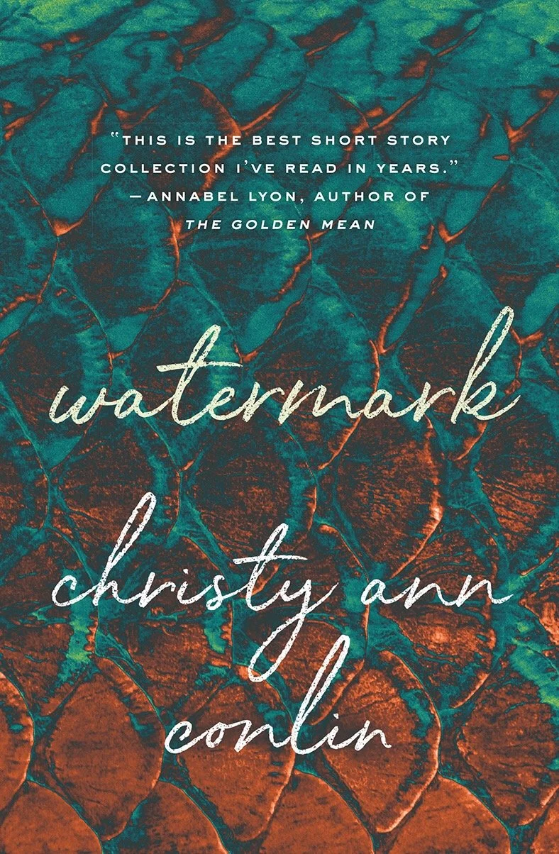 Book cover for 'Watermark' by Christy Ann Conlin with a background of textured, multicolored leaves or petals in dark green, teal, and brown tones.