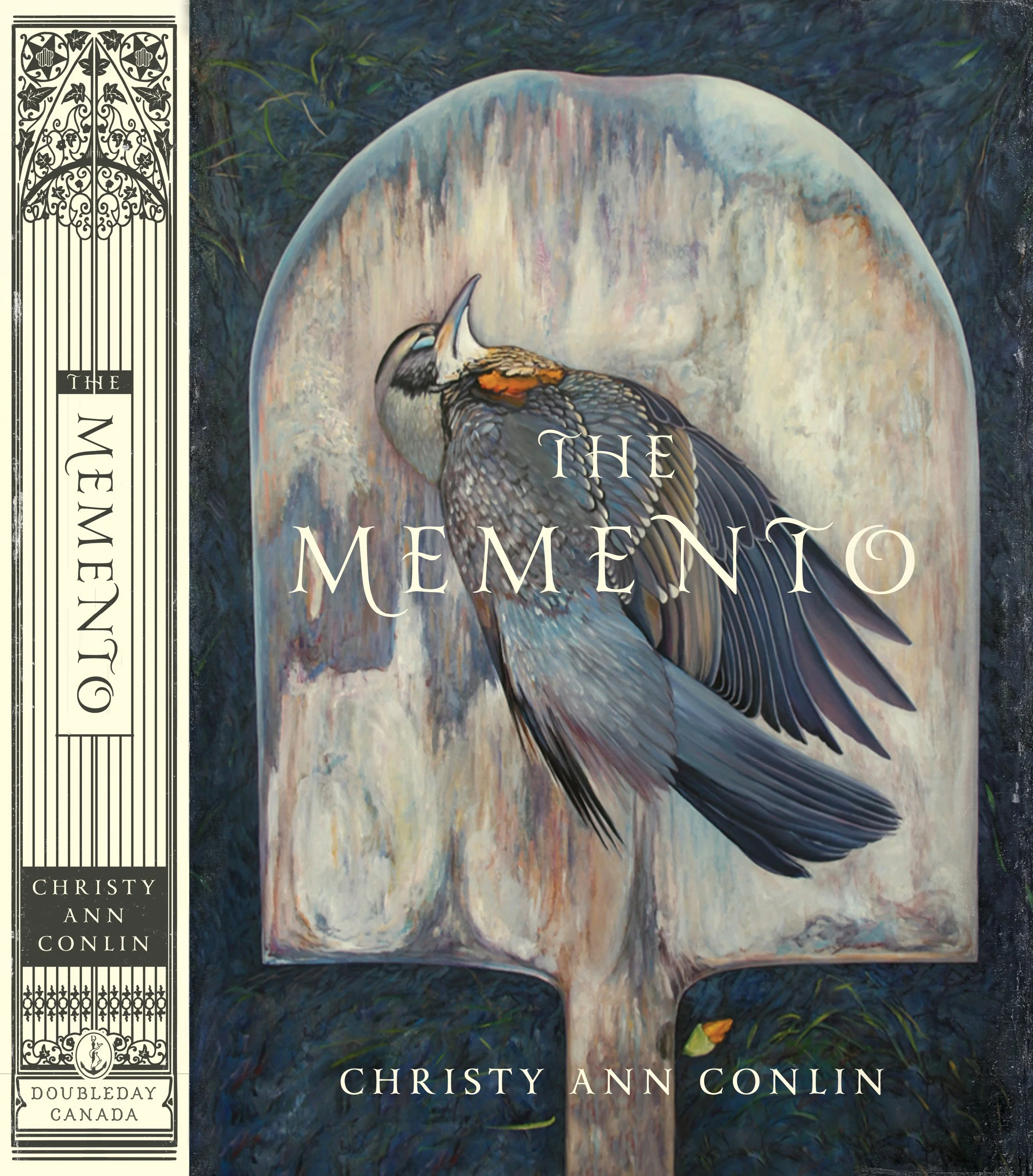 The cover of a book titled 'The Memening' by Christy Ann Conlin, featuring a painting of a bird with some abstract backgrounds, and an ornate black and white border on the left side with the publisher's name 'Doubleday, Canada' at the bottom.