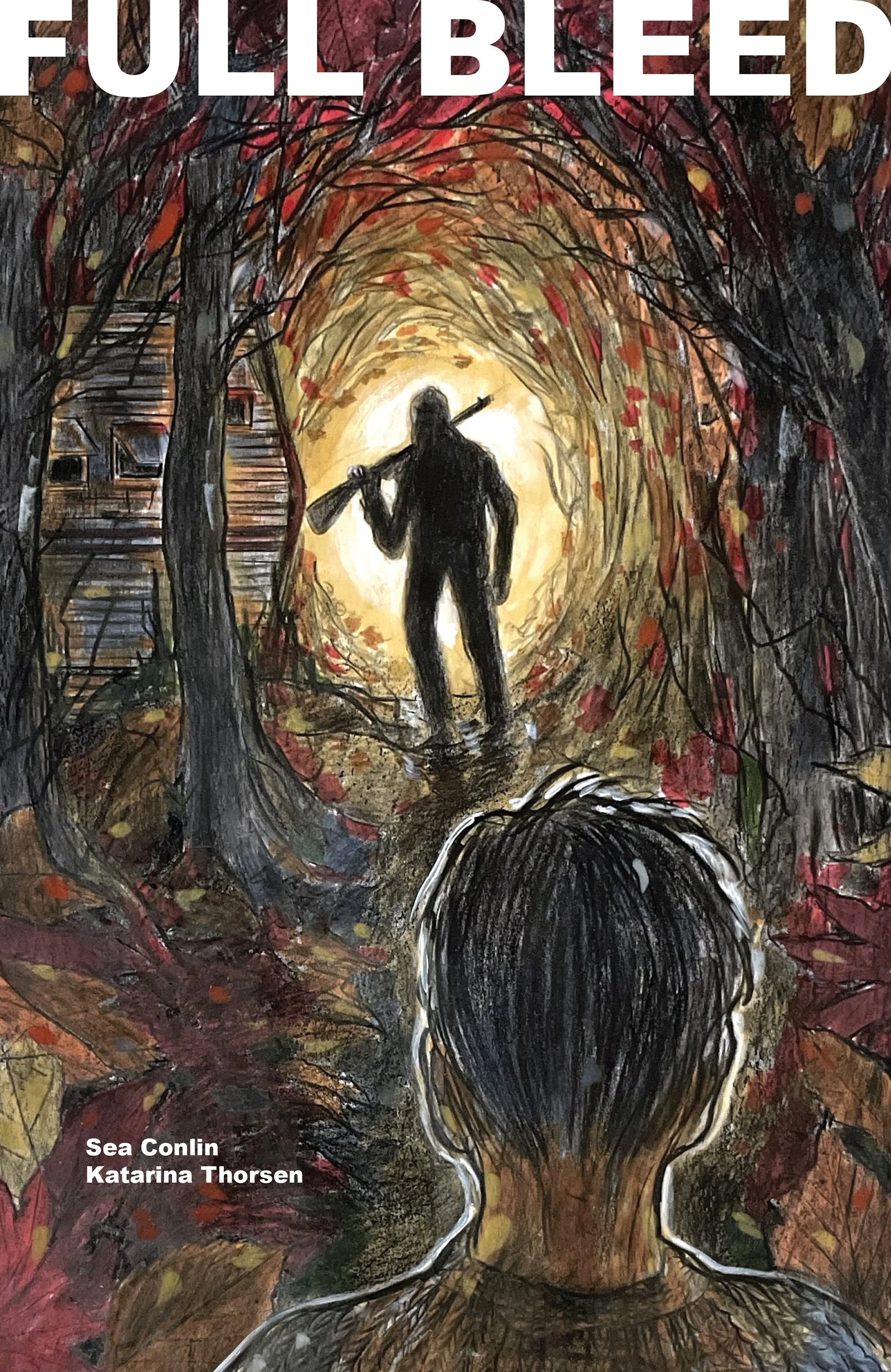 Abstract painting featuring a dark silhouette of a person carrying a rifle, walking through a tunnel of intertwined leafless branches with red and orange leaves. Light emanates from the tunnel's entrance, creating a stark contrast with the dark figure.