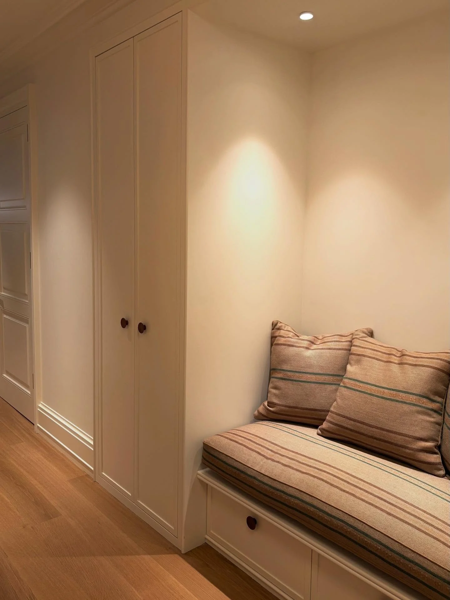 ✨ Custom Comfort, Tailored Style ✨
This built-in bench + storage combo is where form meets function. Soft lighting, smart design, and clean lines create the perfect pause in your home.

Handcrafted by M&amp;G Furniture Designs 🛠️
📐 Custom cabinetry